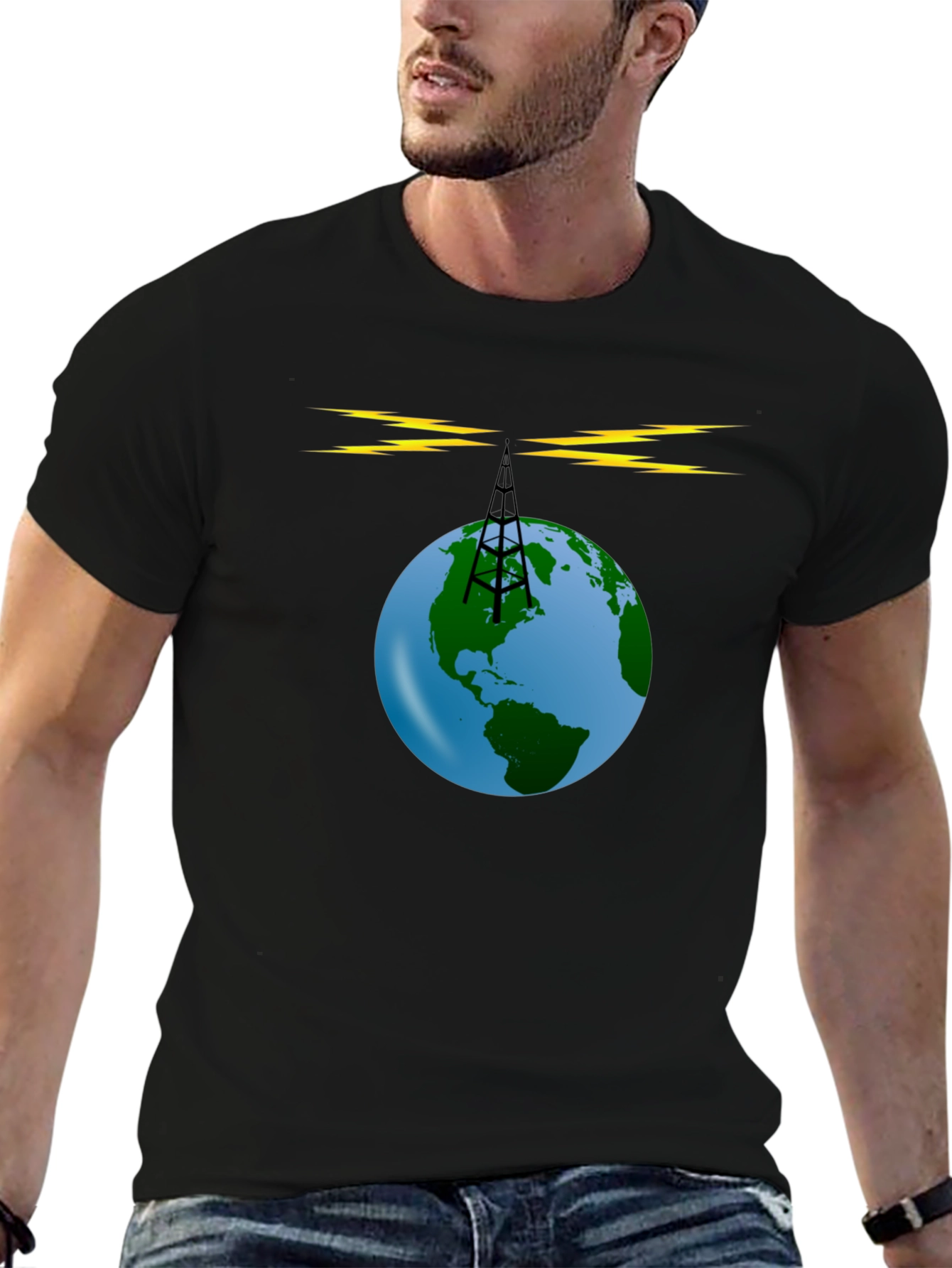 Black Global Radio Tower T-Shirt - Earth Broadcast Design view 6