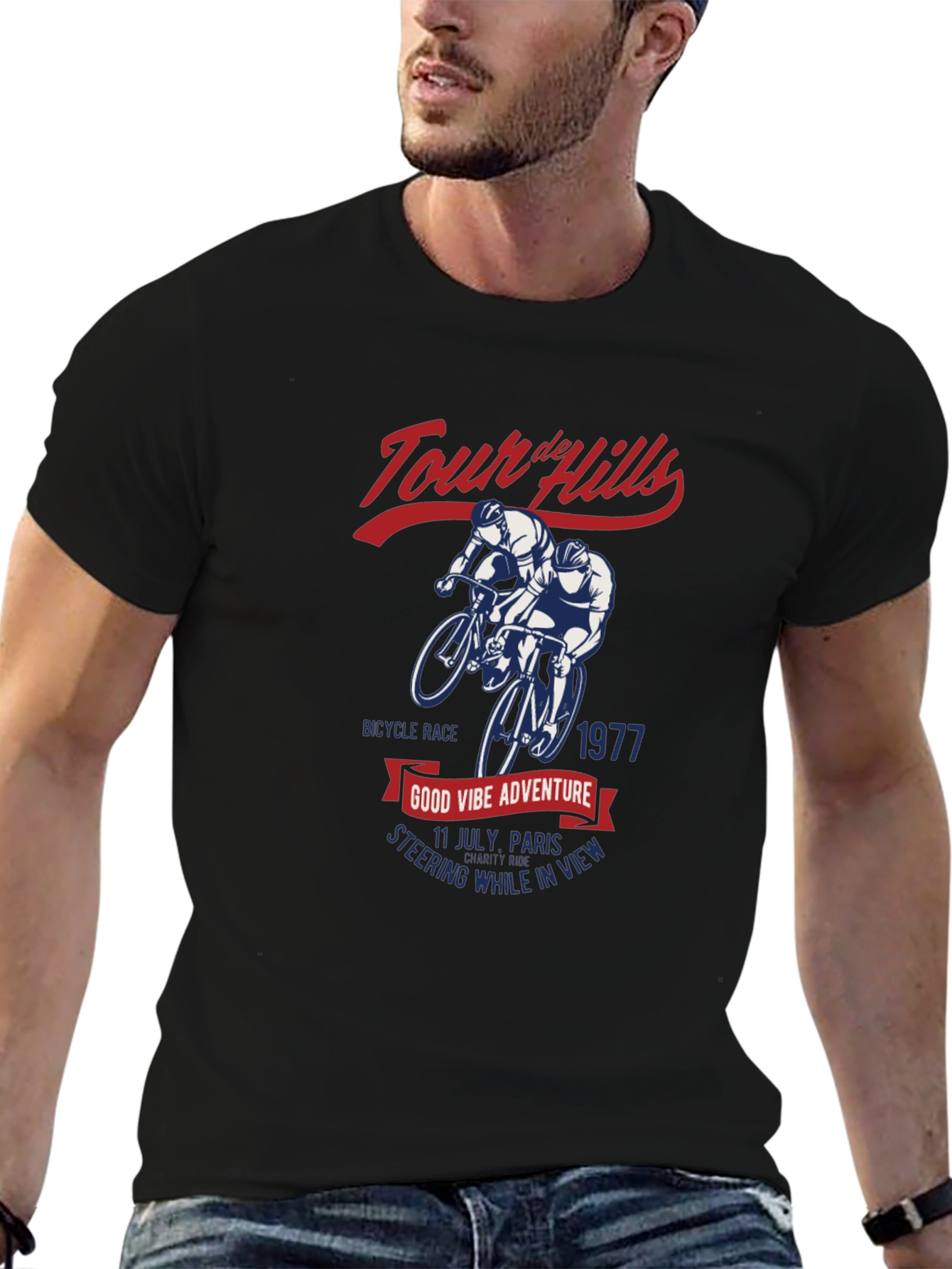 Black Tour de Hills Cycling T-Shirt - Vintage Style view 6