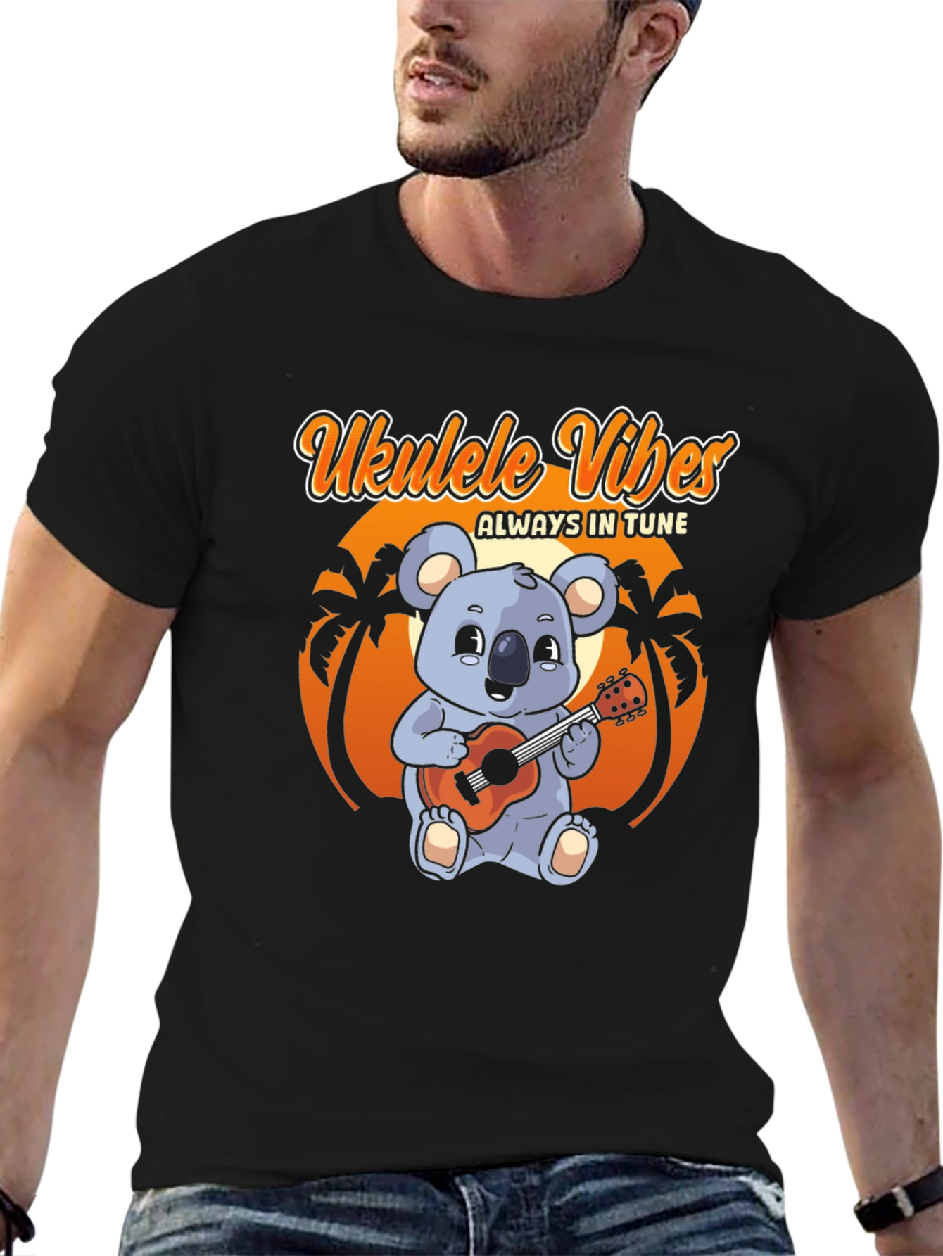 Black Ukulele Vibes T-Shirt - Koala Bear Playing Ukulele view 6