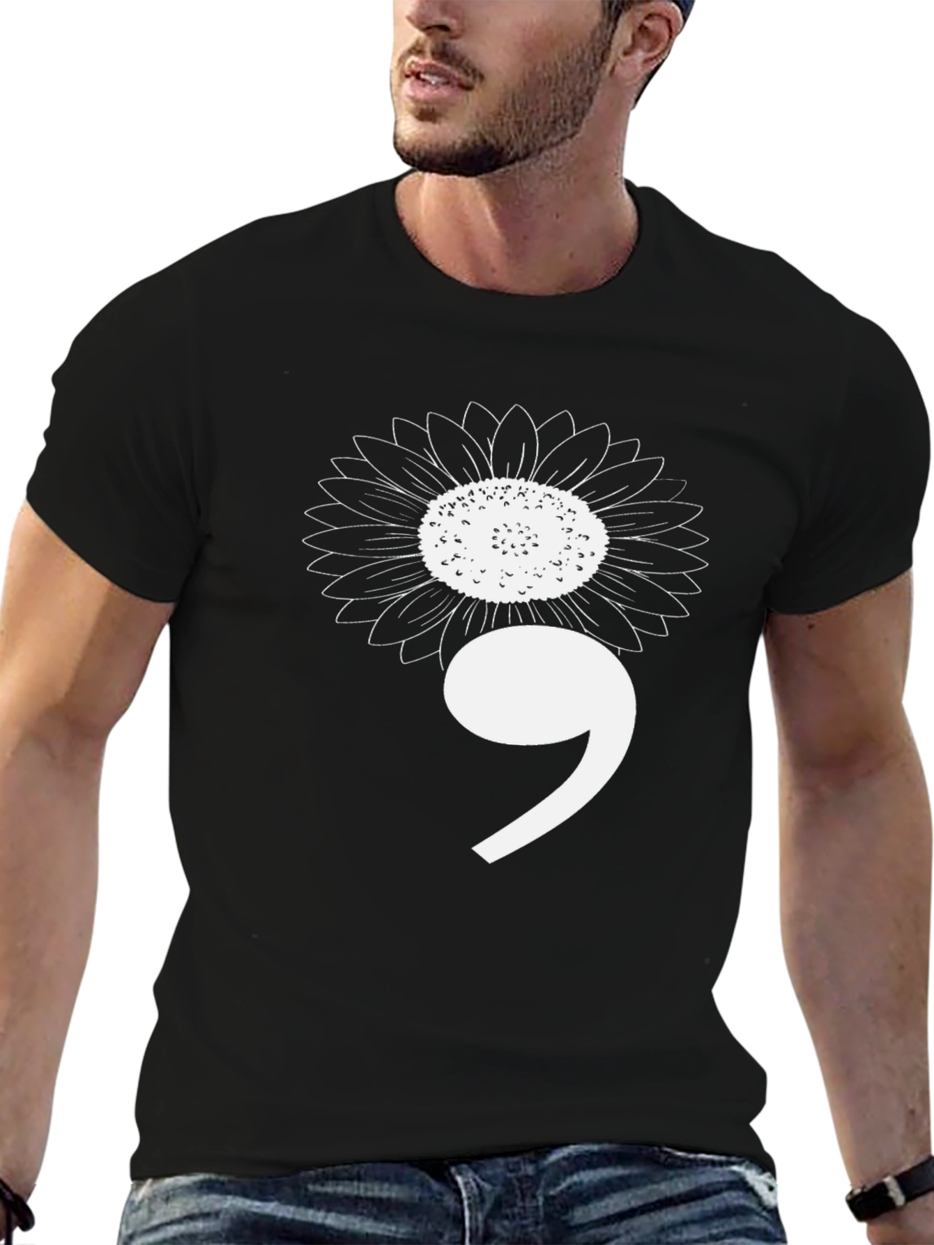 Black Semicolon Sunflower Graphic Tee - Mental Health Awareness view 6