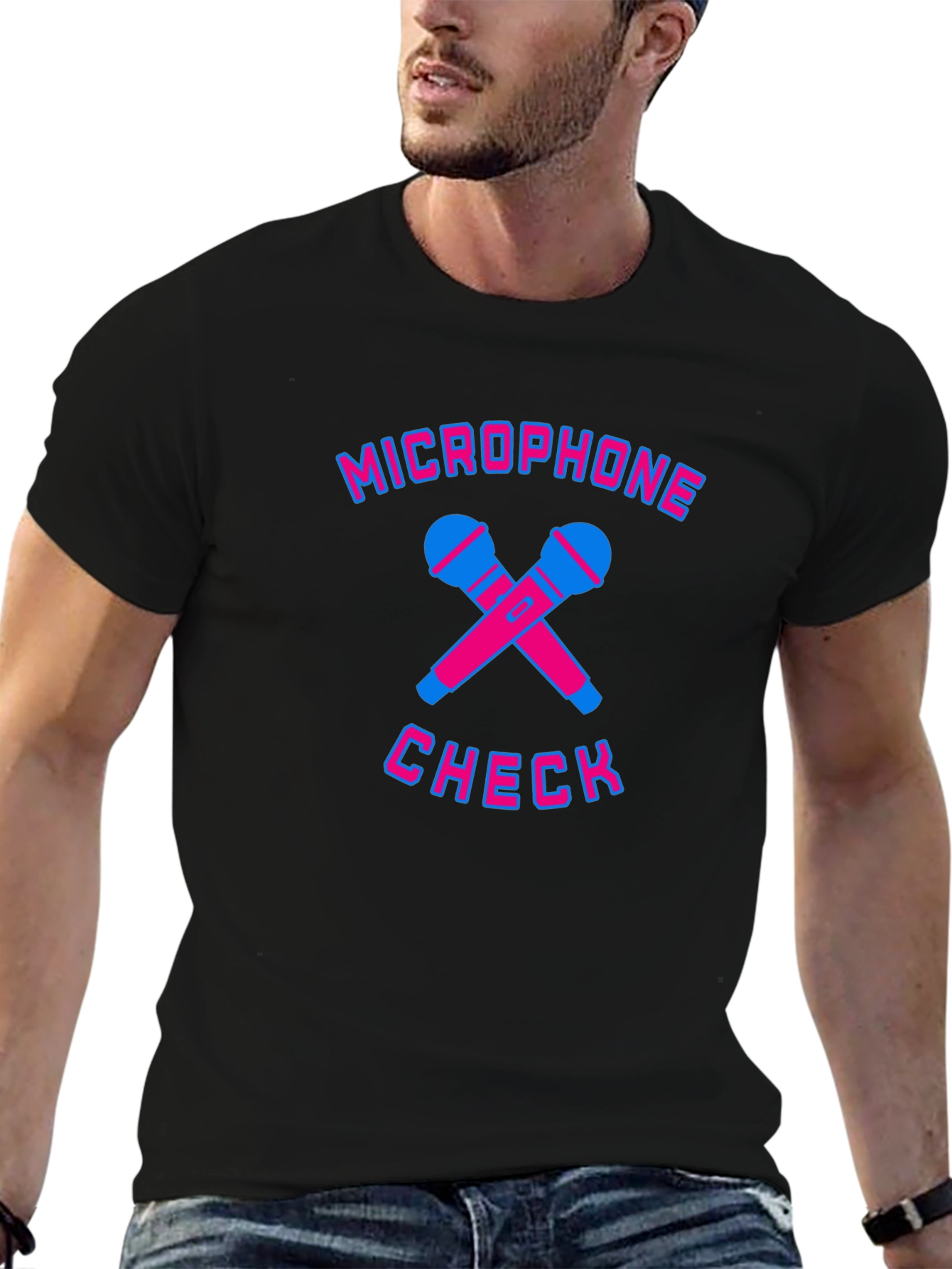 Black Microphone Check Graphic Tee - Black Cotton T-Shirt view 6