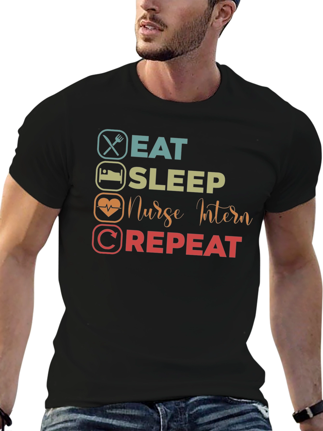 Black Eat Sleep Nurse Intern Repeat T-Shirt view 6