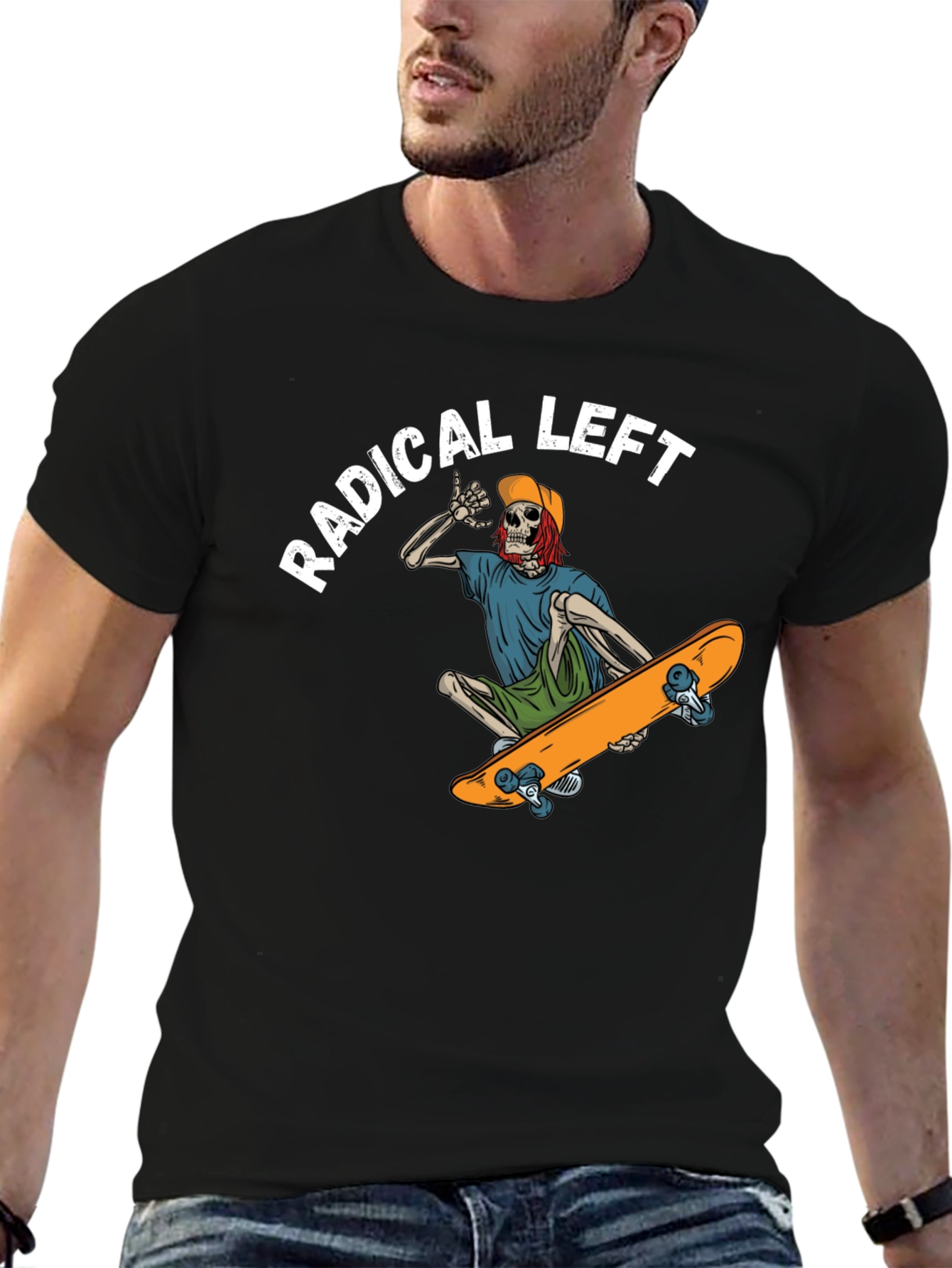 Black Radical Left Skeleton Skateboard T-Shirt view 6