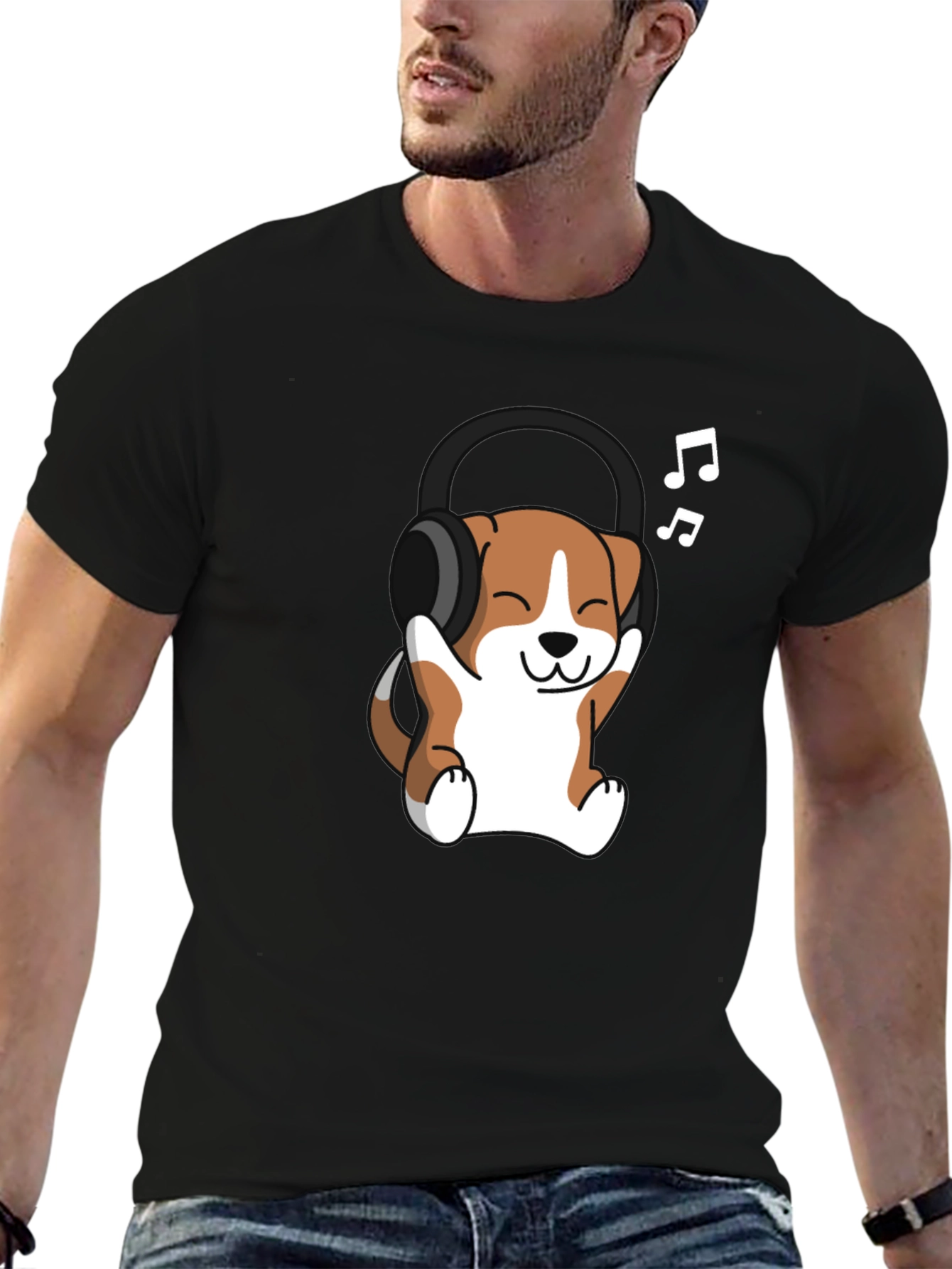 Black Cute Dog with Headphones Black T-Shirt view 6
