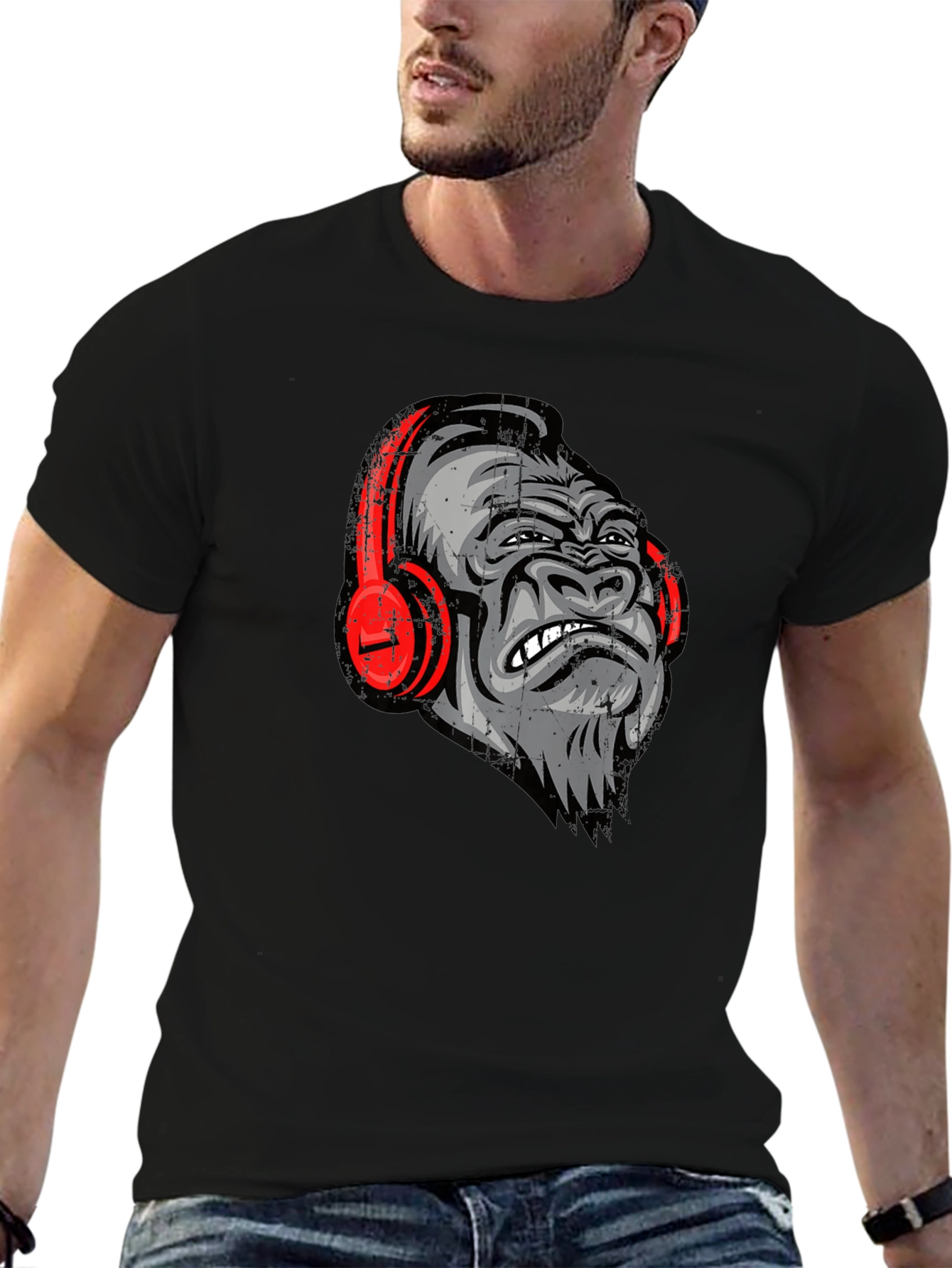 Black Cool Gorilla with Headphones Graphic Tee view 6