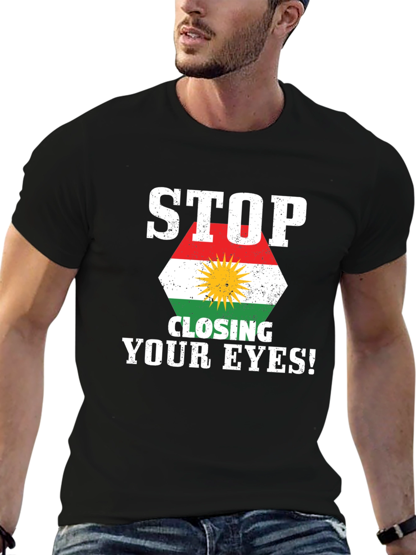 Black Stop Closing Your Eyes Kurdistan Flag T-Shirt view 6