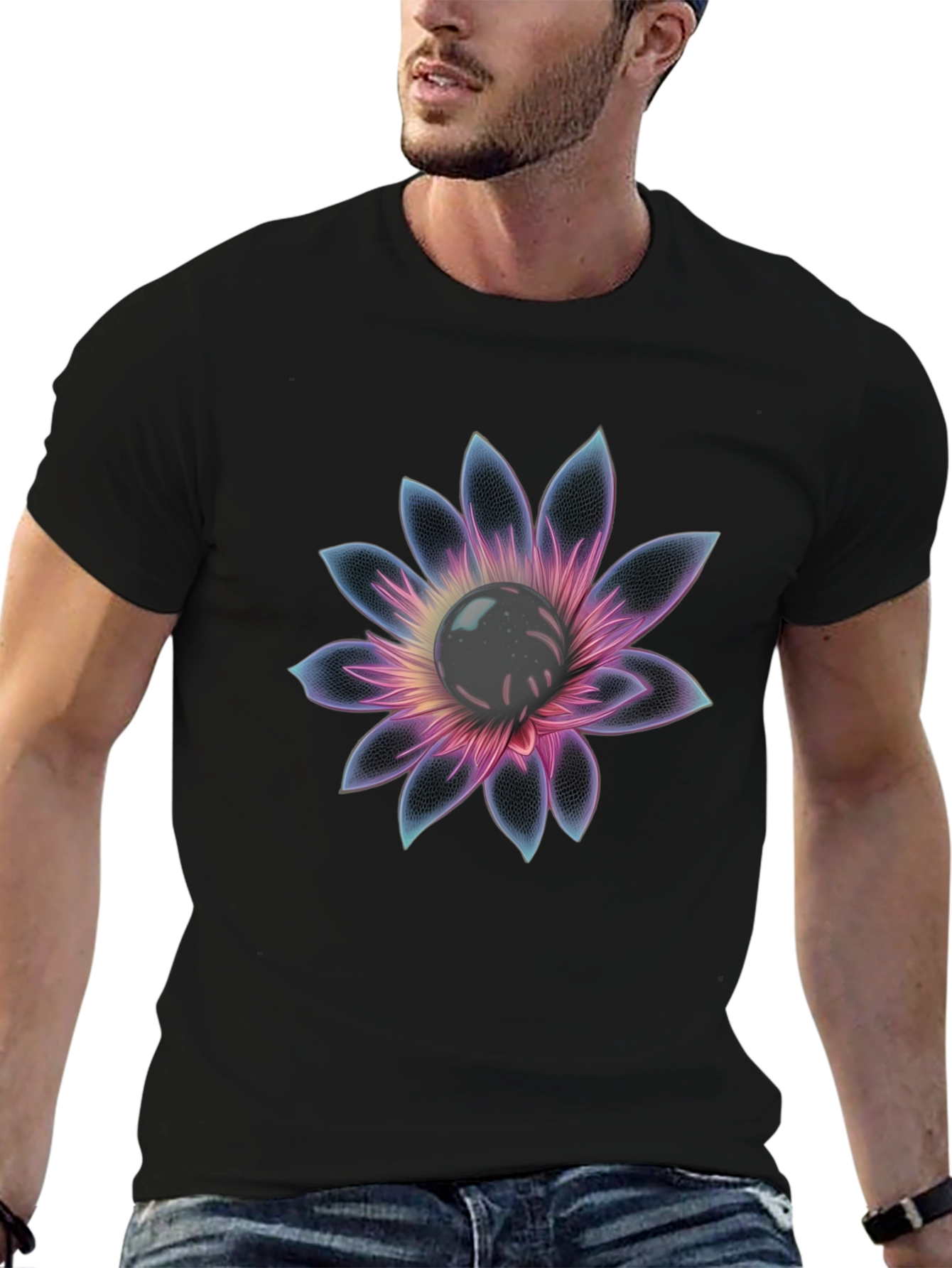 Black T-Shirt with Glowing Flower Design - 6