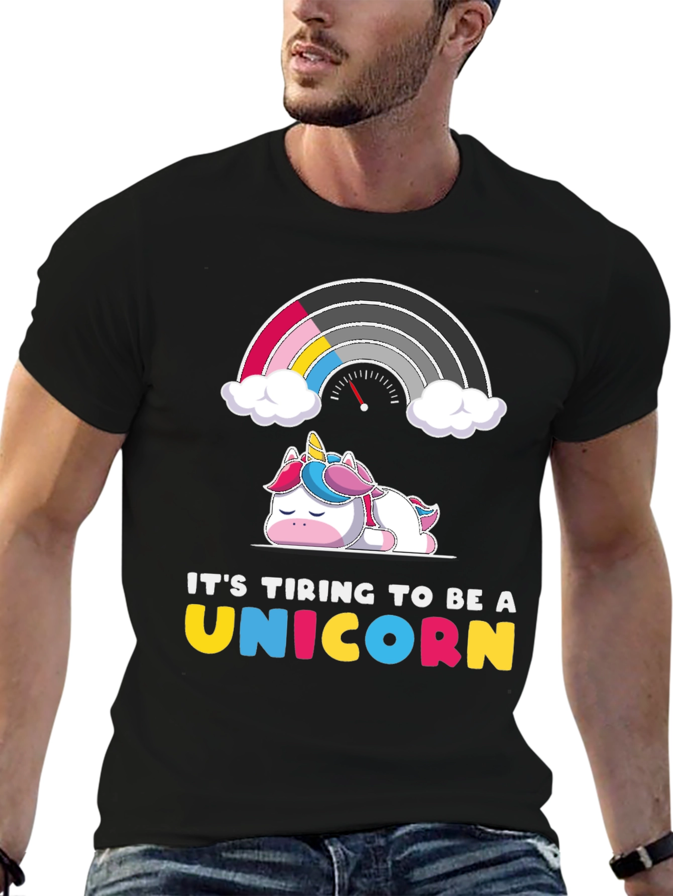 Black Tiring Unicorn Graphic Tee - Black Cotton T-Shirt view 6