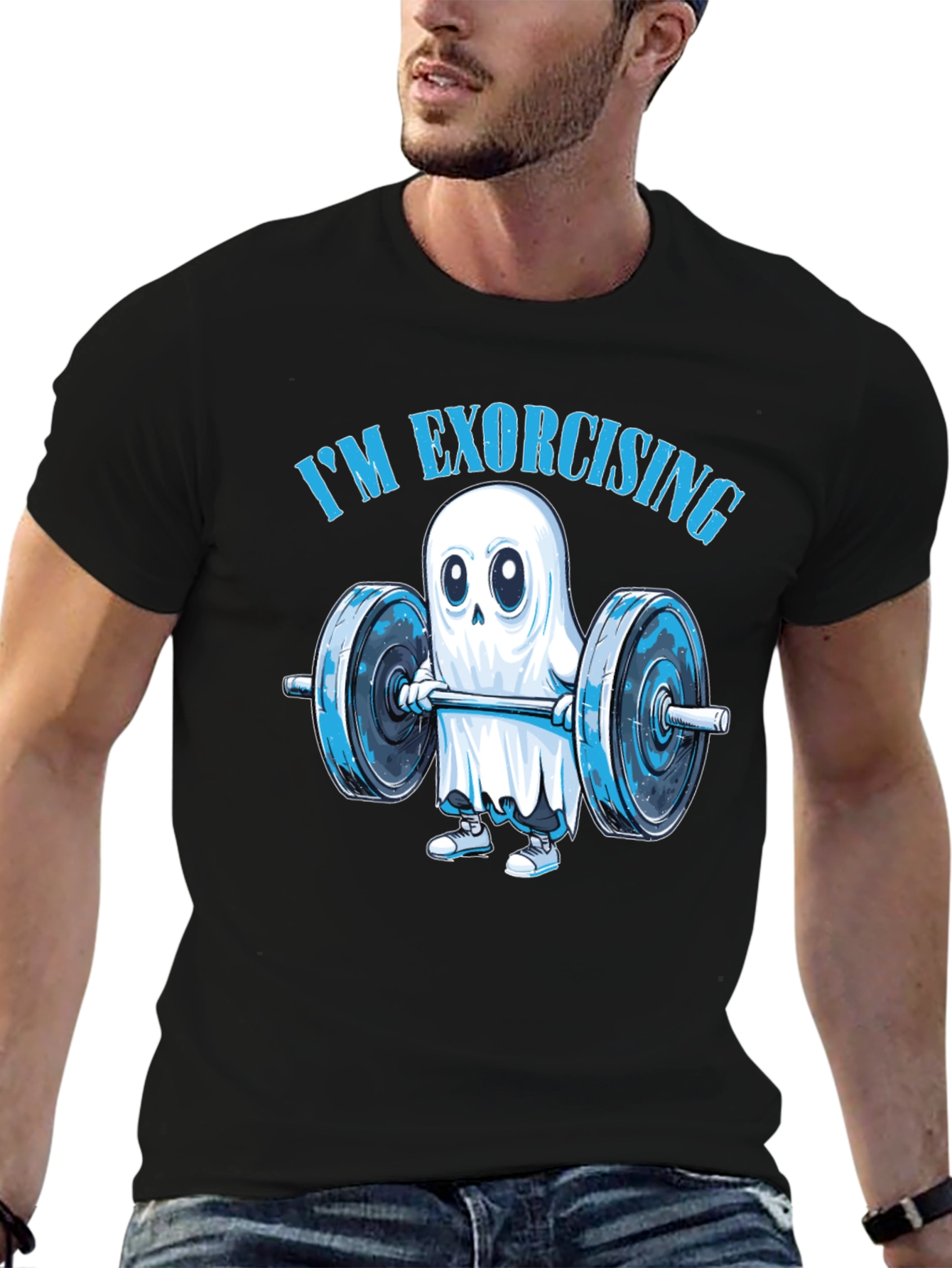 Black Funny Ghost Weightlifting T-Shirt: "I'm Exorcising!" view 6