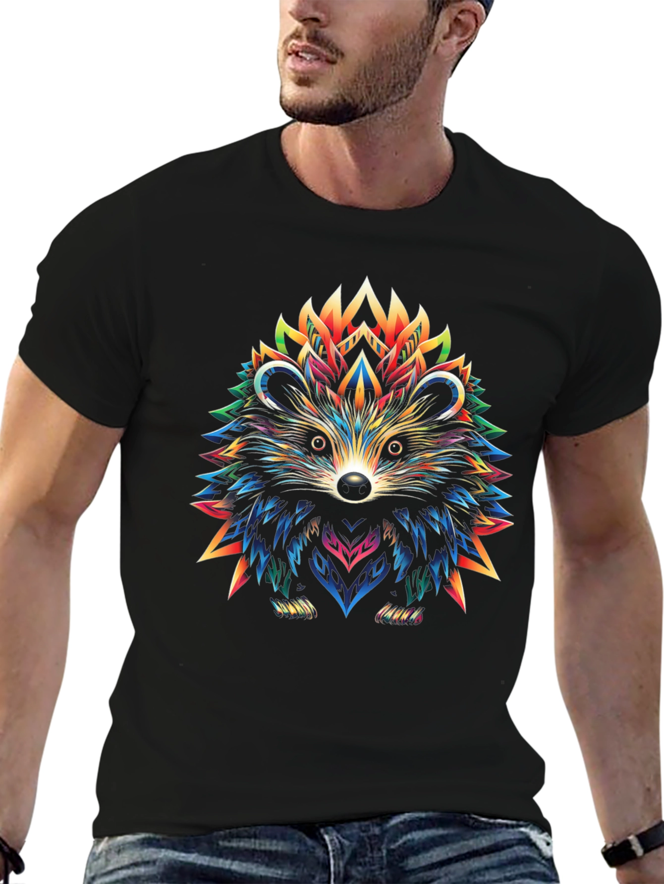 Black Vibrant Hedgehog Graphic Tee - Unique Art Design view 6