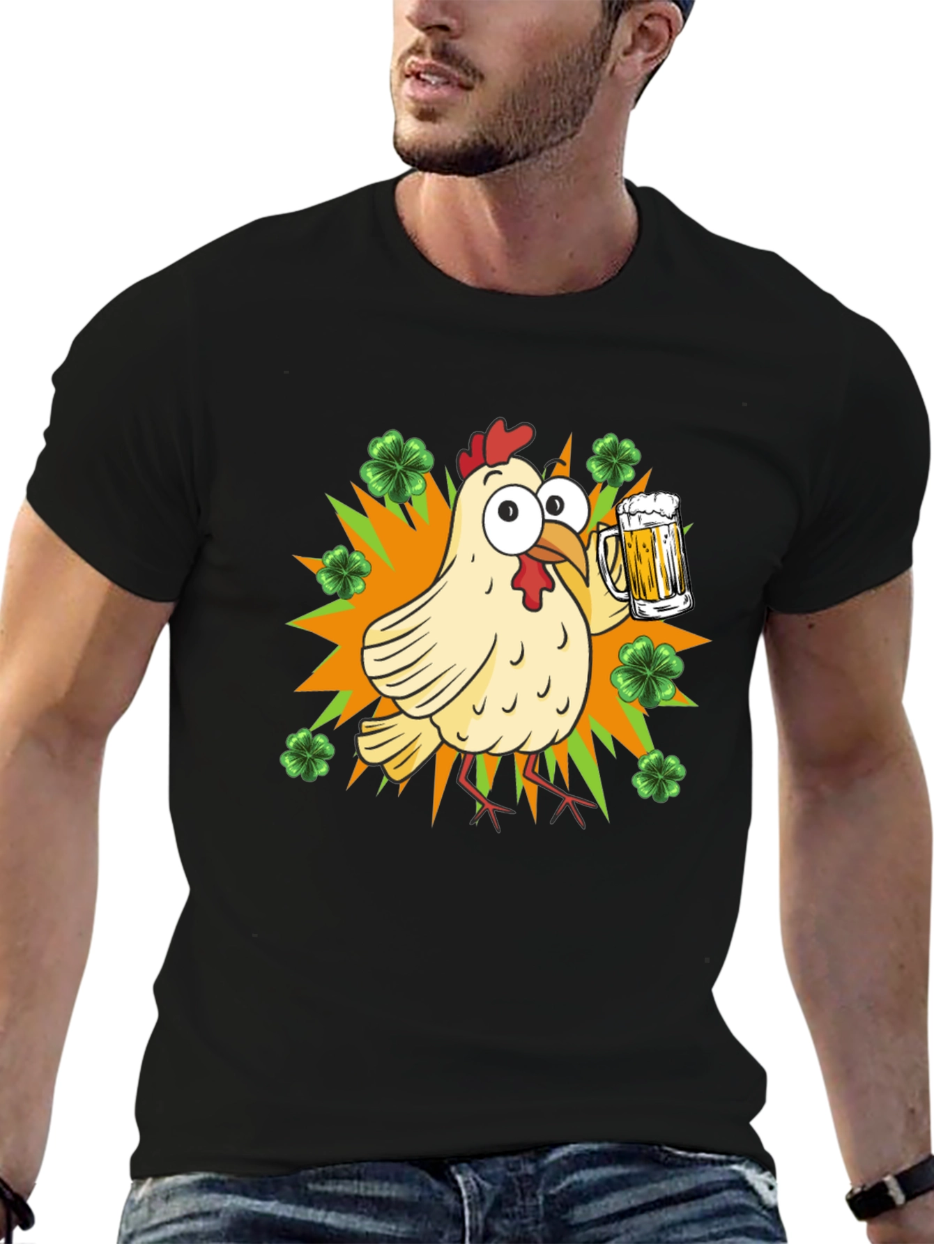 Black St. Patrick's Day Chicken with Beer T-Shirt view 6