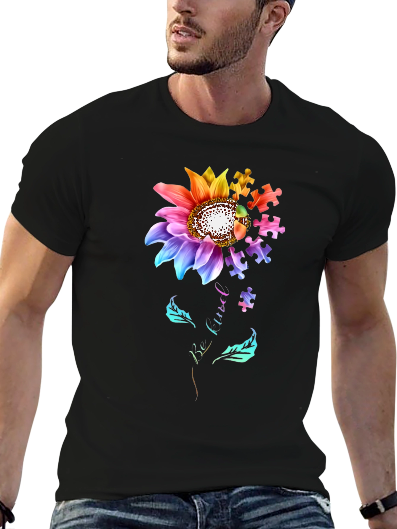 Black Autism Awareness Sunflower Puzzle Piece T-Shirt view 6