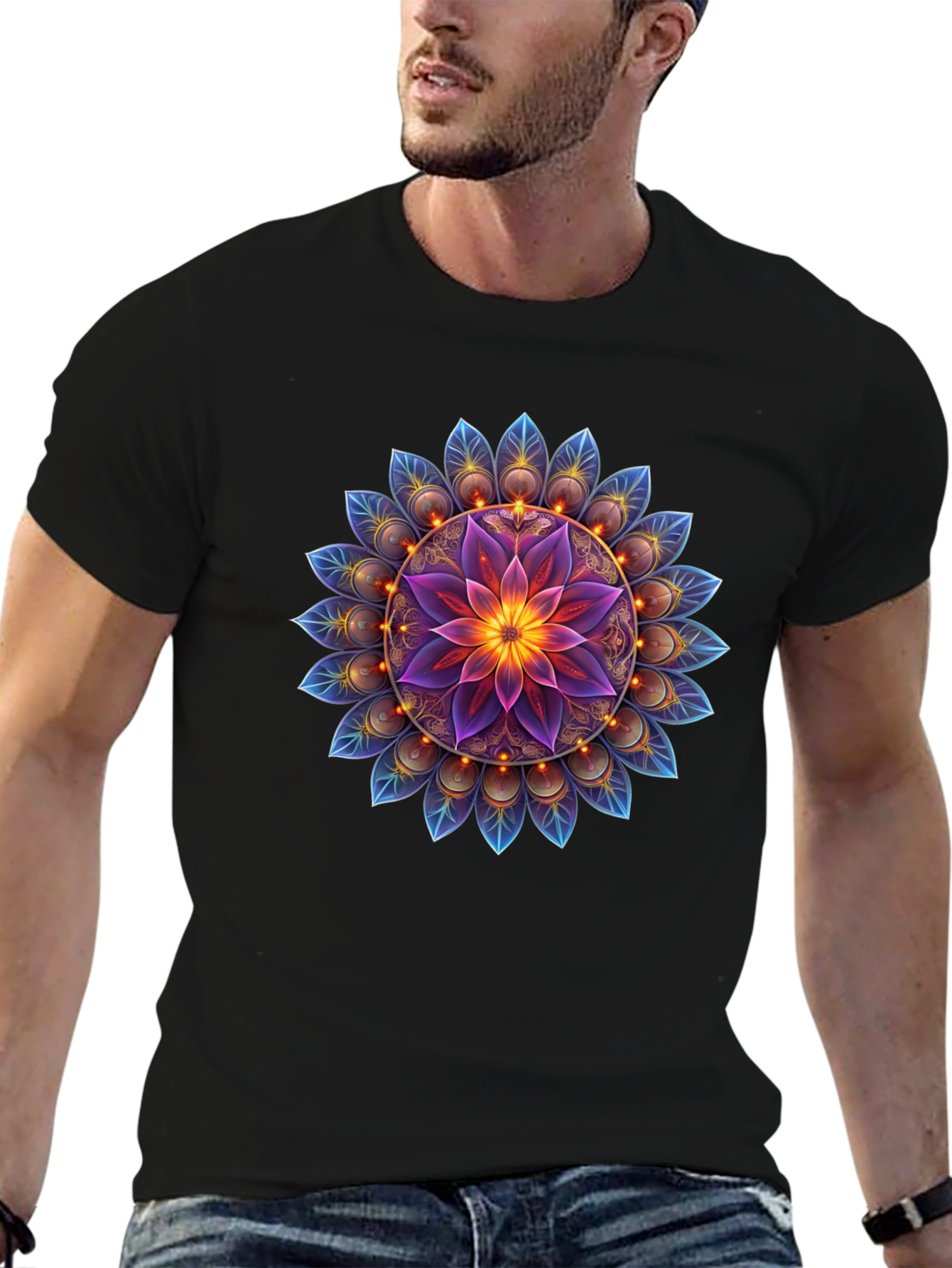 Black Floral Mandala Graphic Tee - Black Cotton Blend view 6