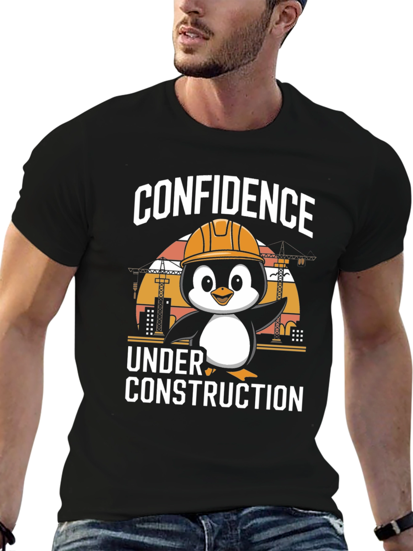 Black Confidence Under Construction Penguin T-Shirt view 6