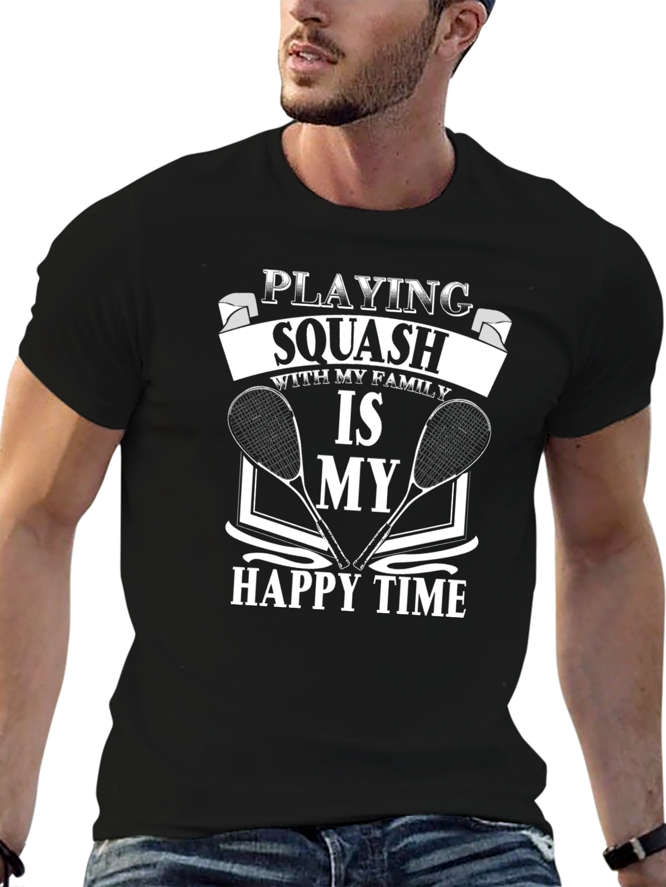 Black Squash Lover T-Shirt - Playing Squash is My Happy Time view 6