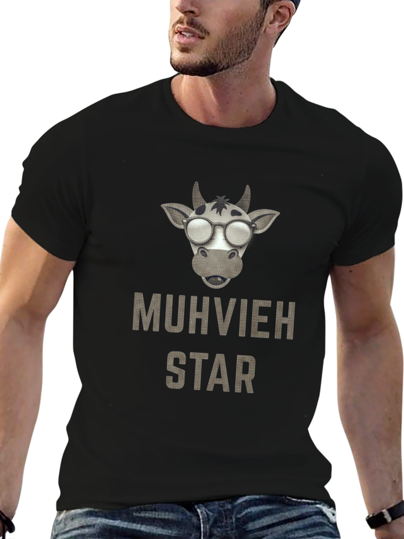 Black Muhvieh Star Cow T-Shirt - Black Cotton Tee view 6