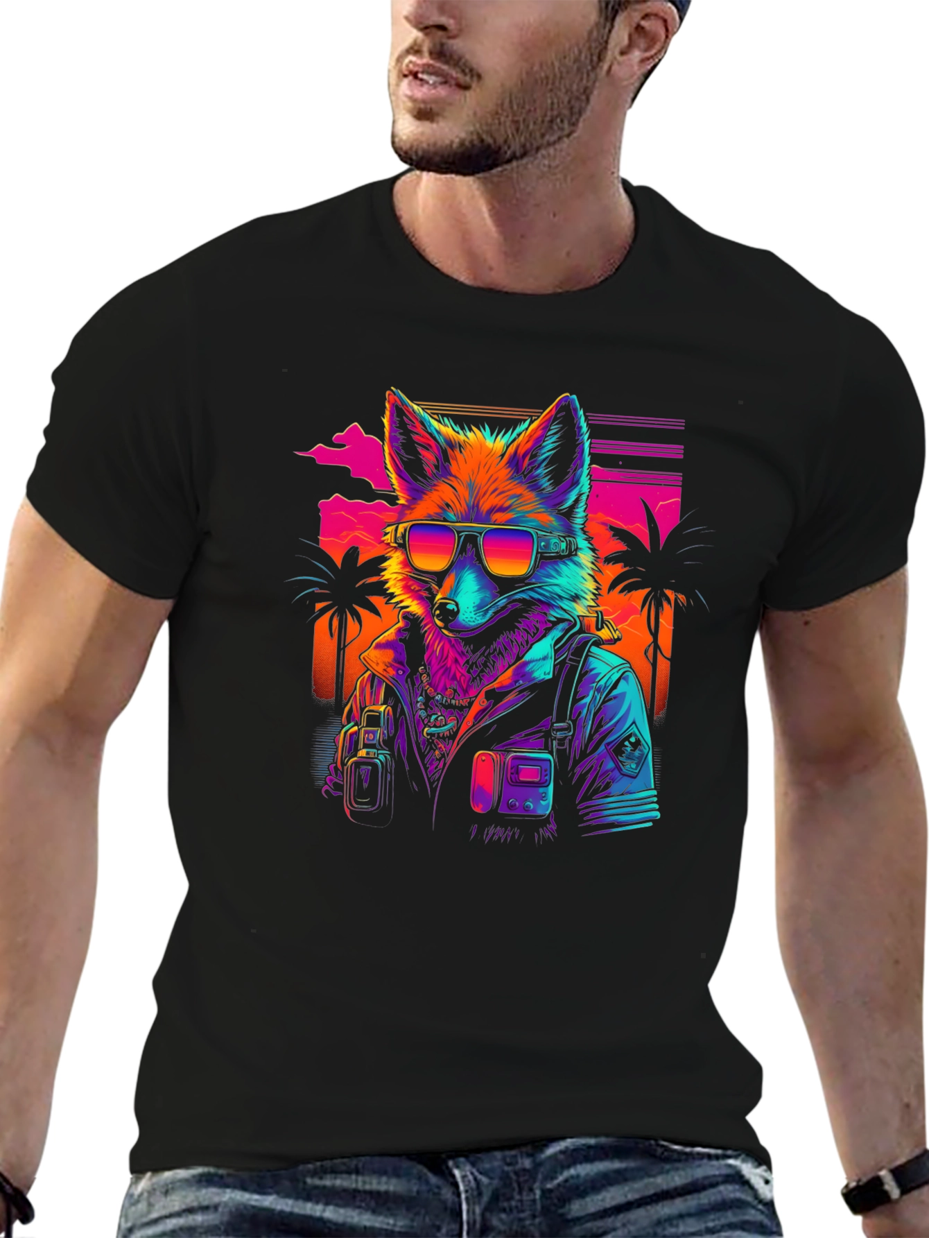 Black Retro Fox T-Shirt - Synthwave Style view 6