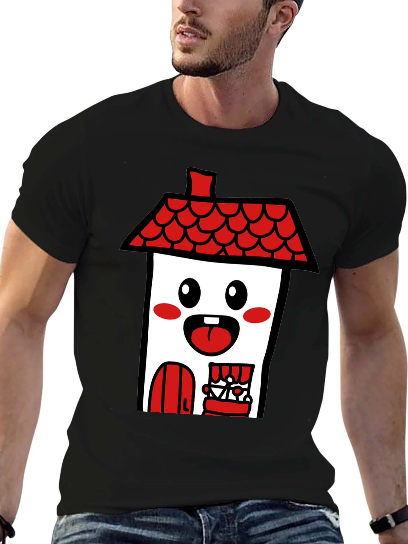 Black Kawaii House T-Shirt - Cute Cartoon Graphic Tee view 6
