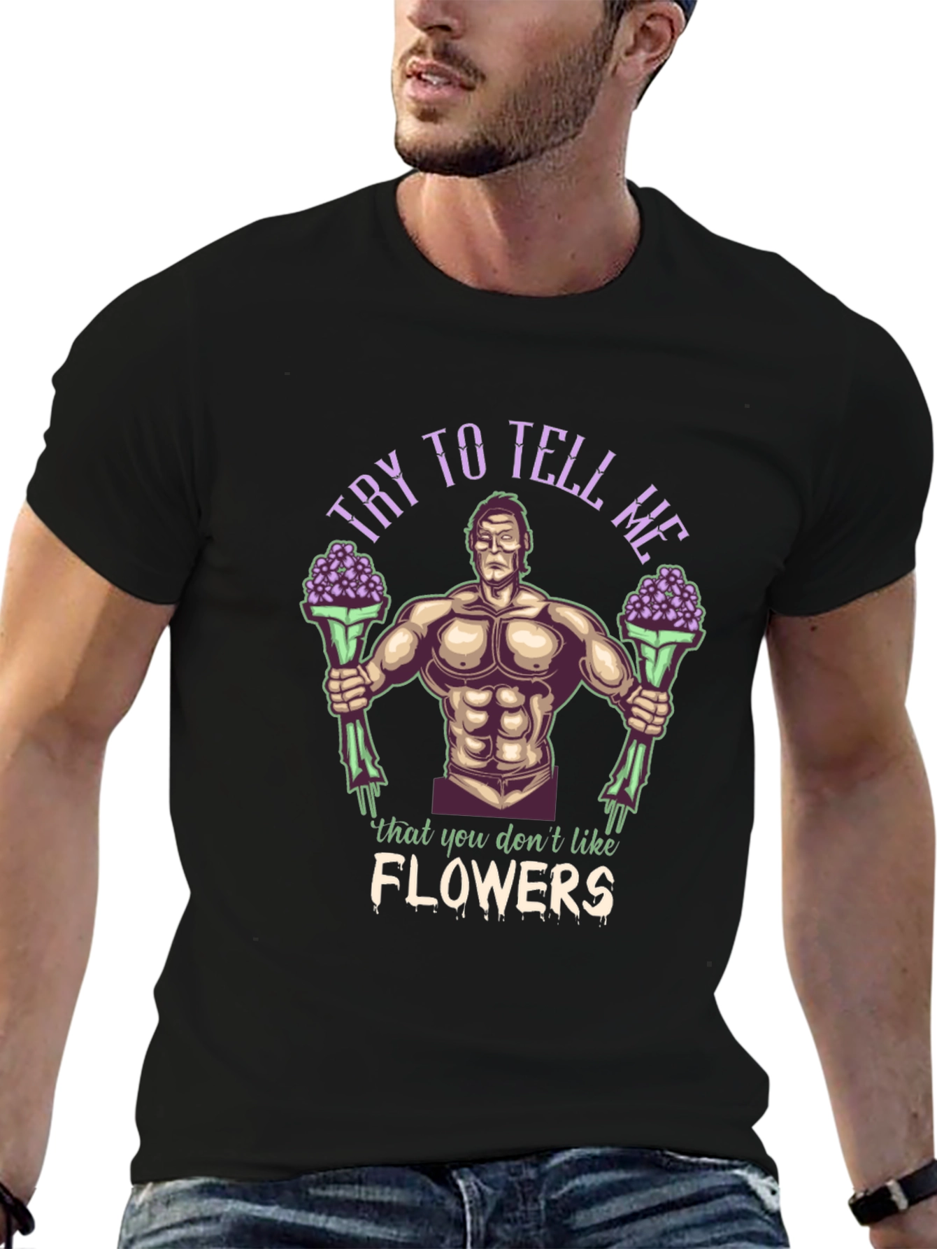 Black Funny Graphic T-Shirt - Buff Guy with Flowers view 6