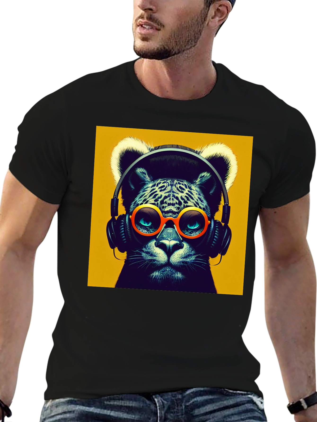 Black Cool Cat Graphic Tee - Music Lover T-Shirt view 6