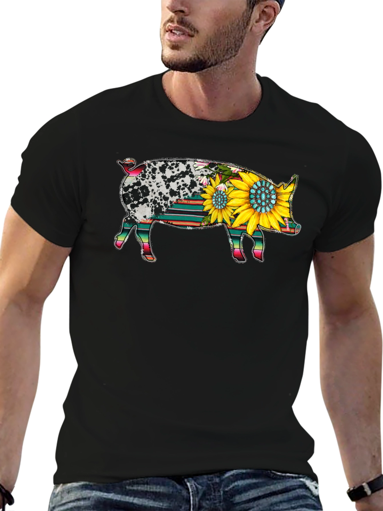 Black Sunflower Pig Graphic Tee view 6
