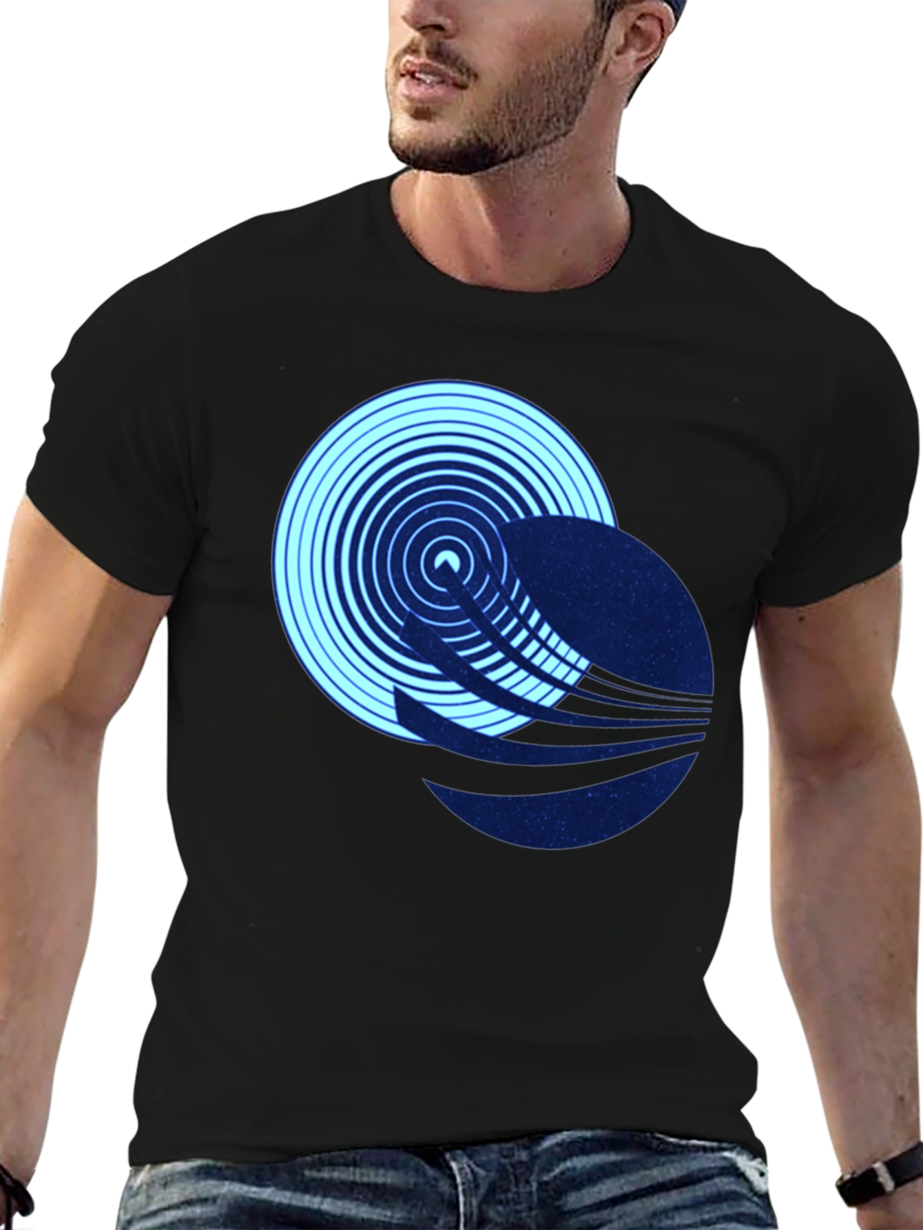 Black Abstract Circle Graphic Tee - Black Cotton Blend T-Shirt view 6