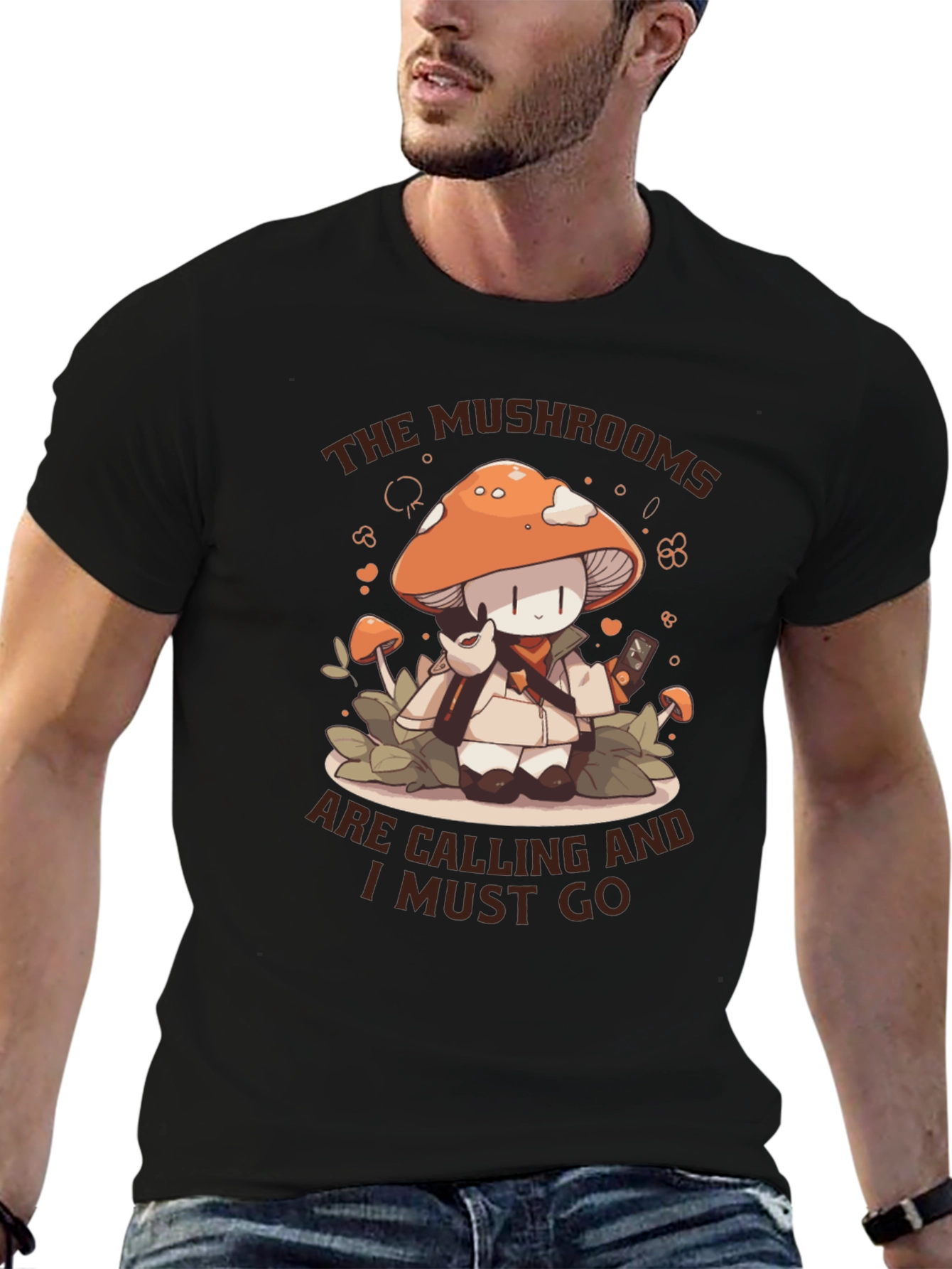 Black Mushroom Calling T-Shirt -  Cute Cartoon Graphic Tee view 6