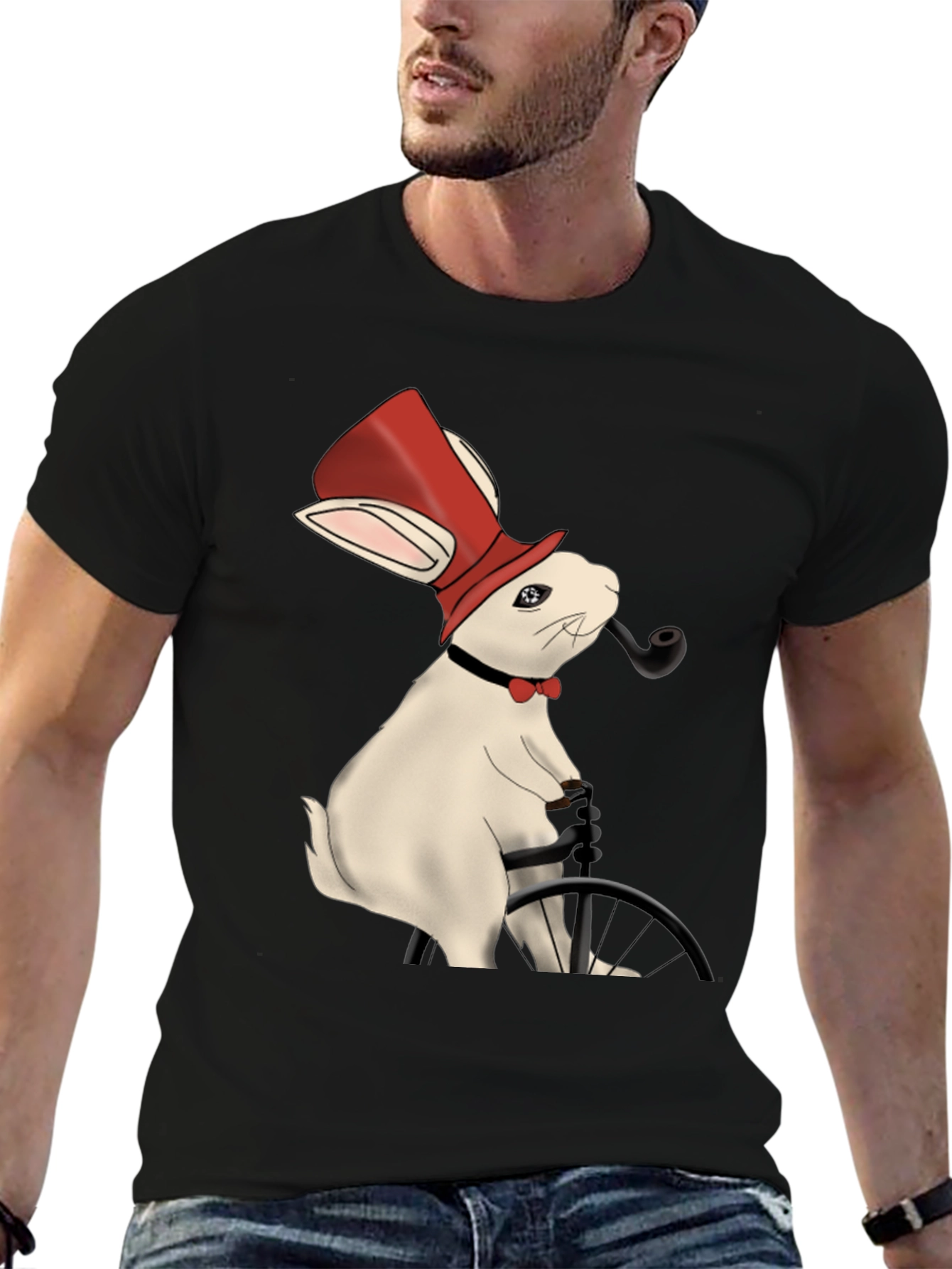 Black Rabbit Gentleman T-Shirt - Unique Design view 6
