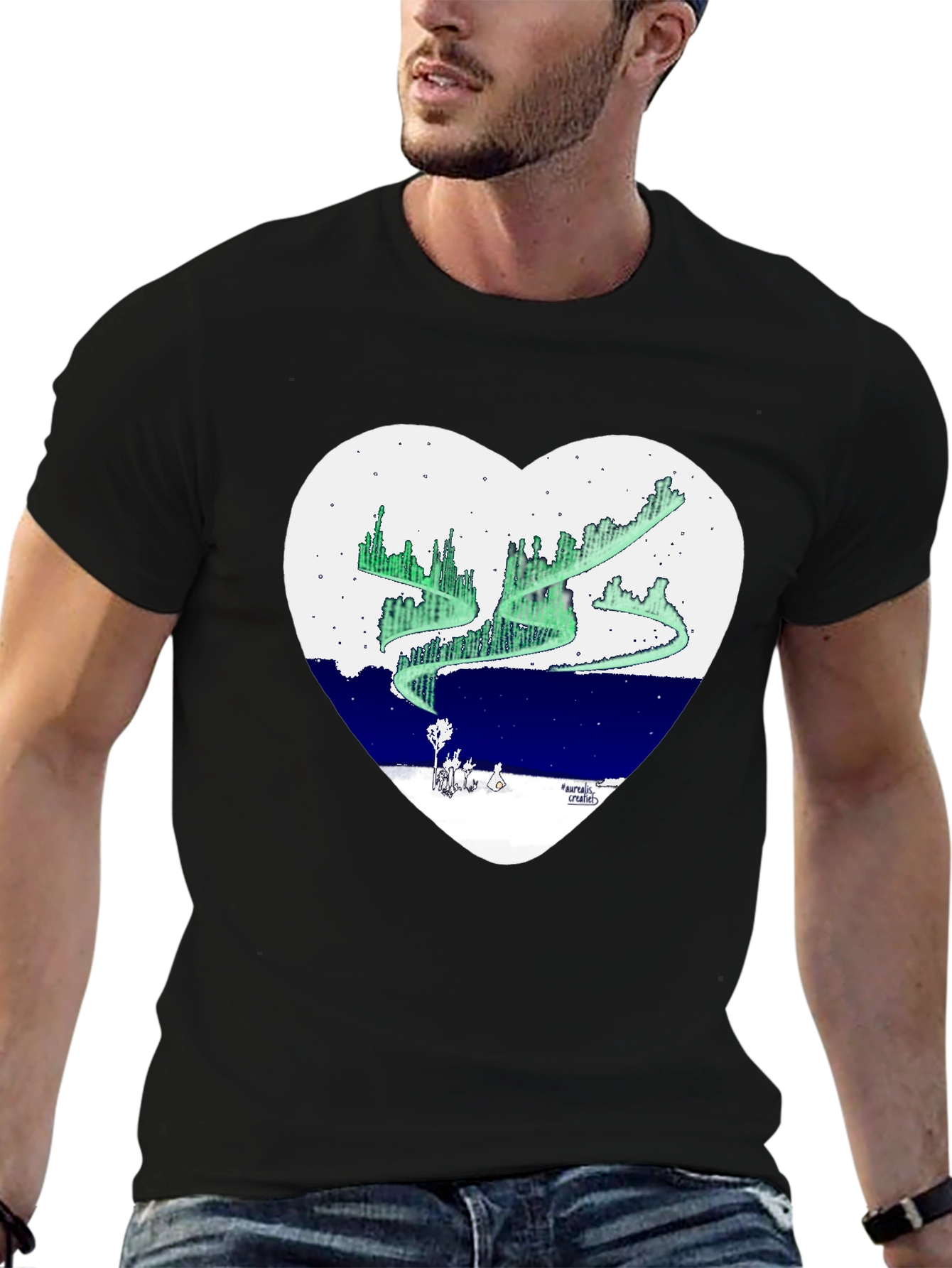 Black Aurora Borealis Heart Graphic T-Shirt view 6