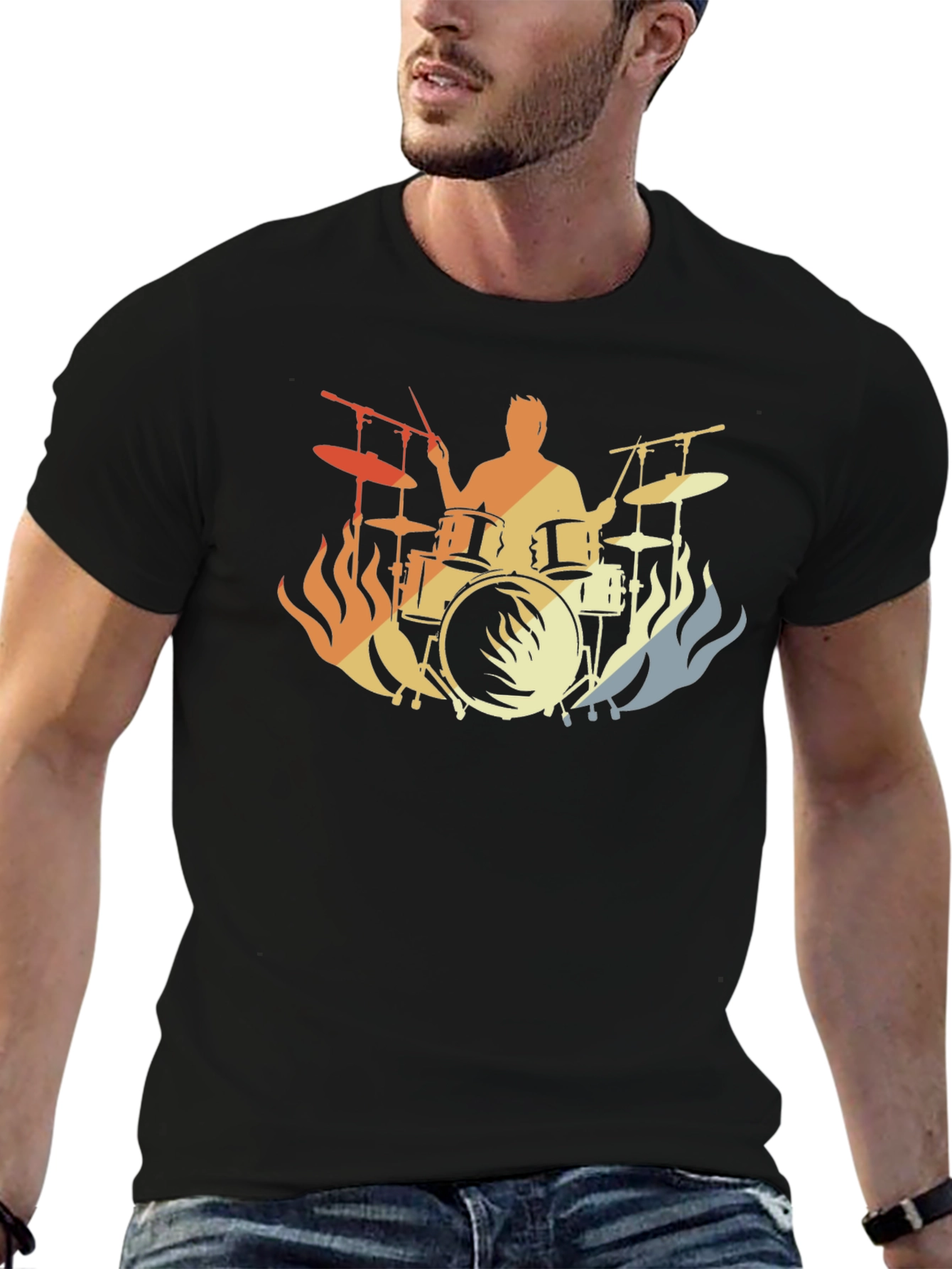 Black Drummer Fire Silhouette T-Shirt - Black Cotton Tee view 6