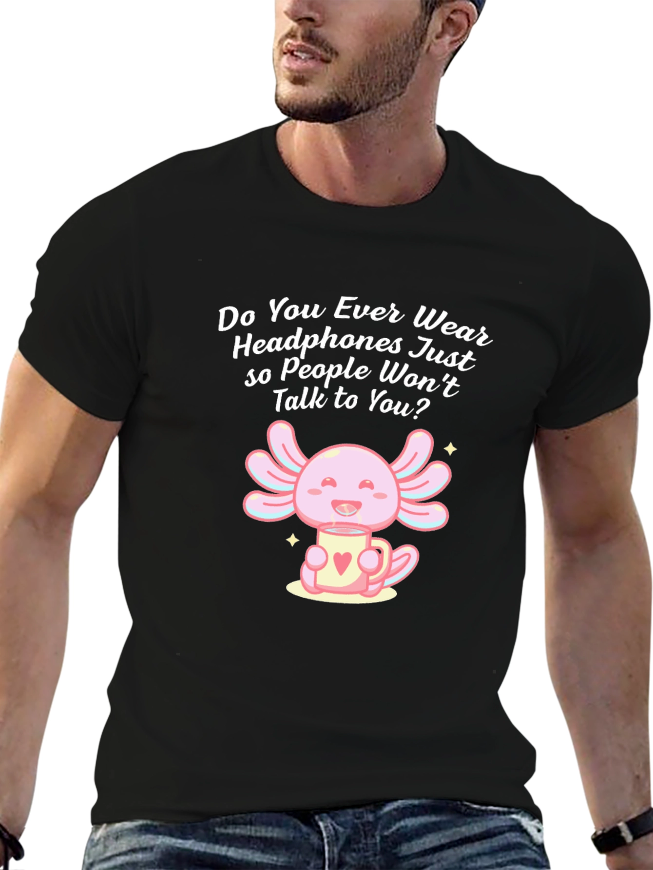 Black Axolotl Headphones T-Shirt - Cute & Funny view 6