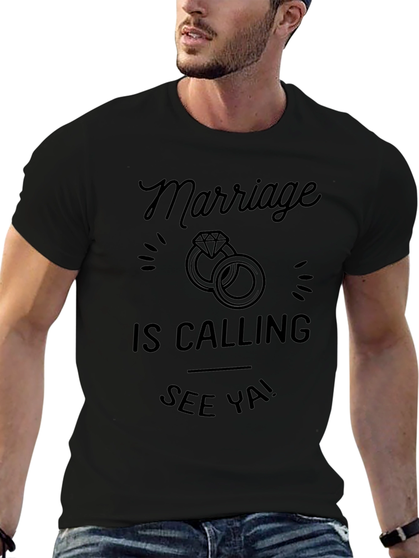 Black Marriage is Calling T-Shirt - See Ya! Funny Groom Tee view 6