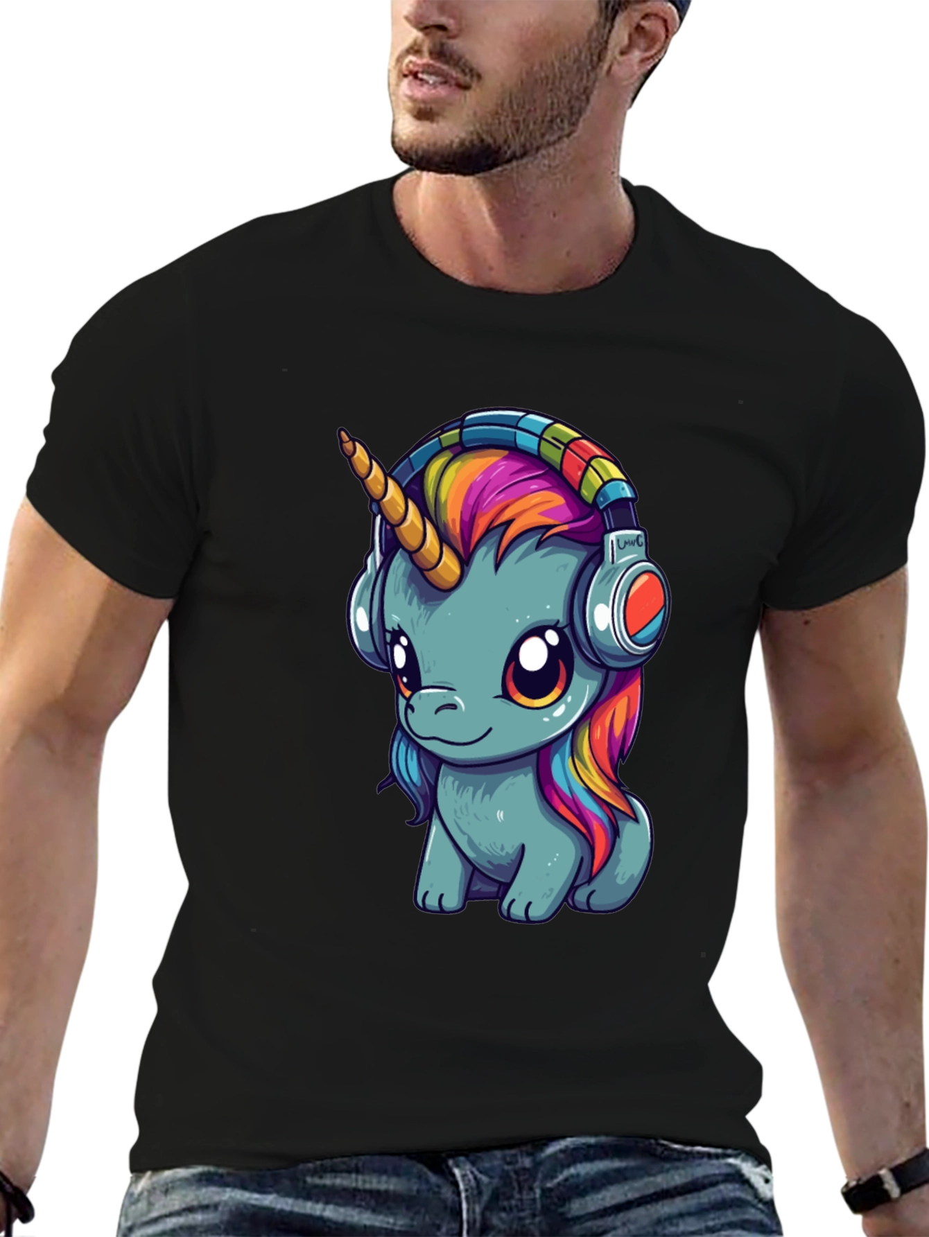 Black Unicorn Headphones Graphic Tee - Black Cotton T-Shirt view 6