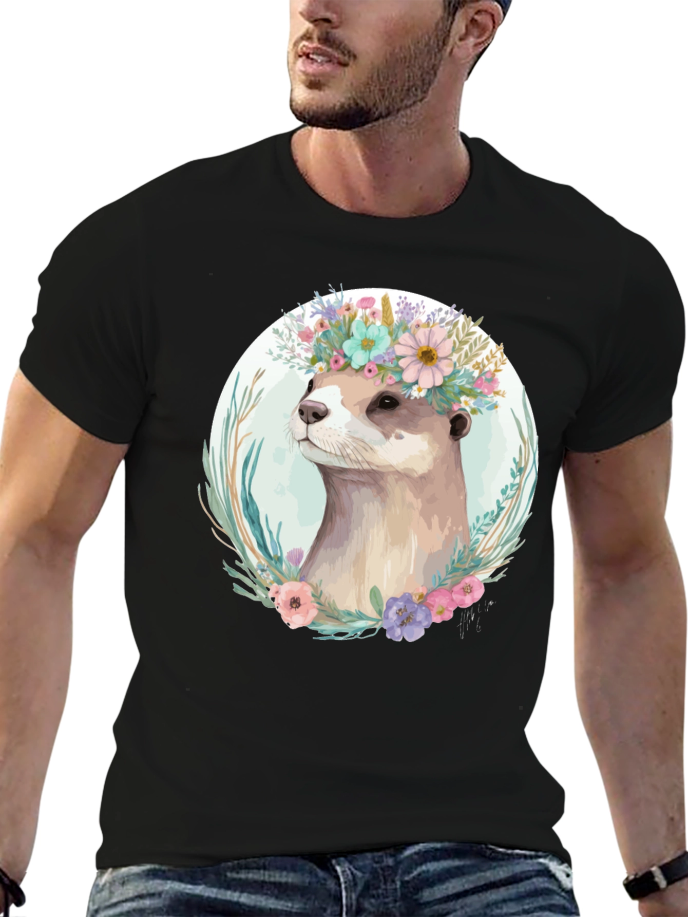 Black Otter Floral Crown T-Shirt - Stylish Animal Tee view 6