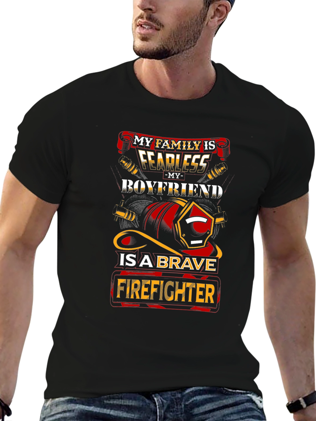 Black Fearless Firefighter Boyfriend Graphic Tee view 6