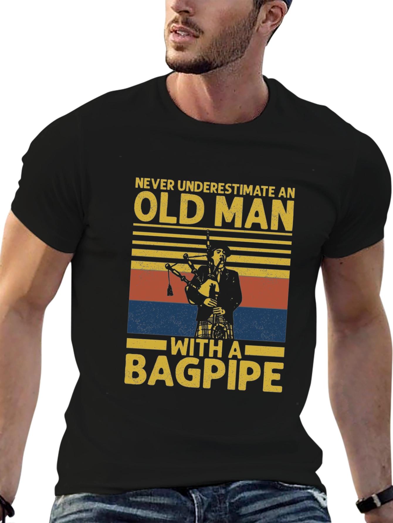 Black Old Man with a Bagpipe T-Shirt - Novelty Graphic Tee view 6