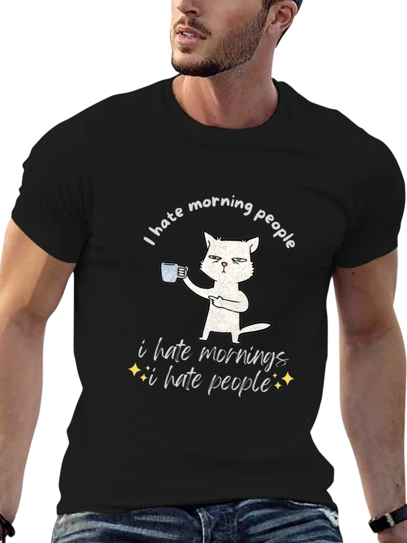 Black I Hate Morning People Cat T-Shirt - Funny Graphic Tee view 6