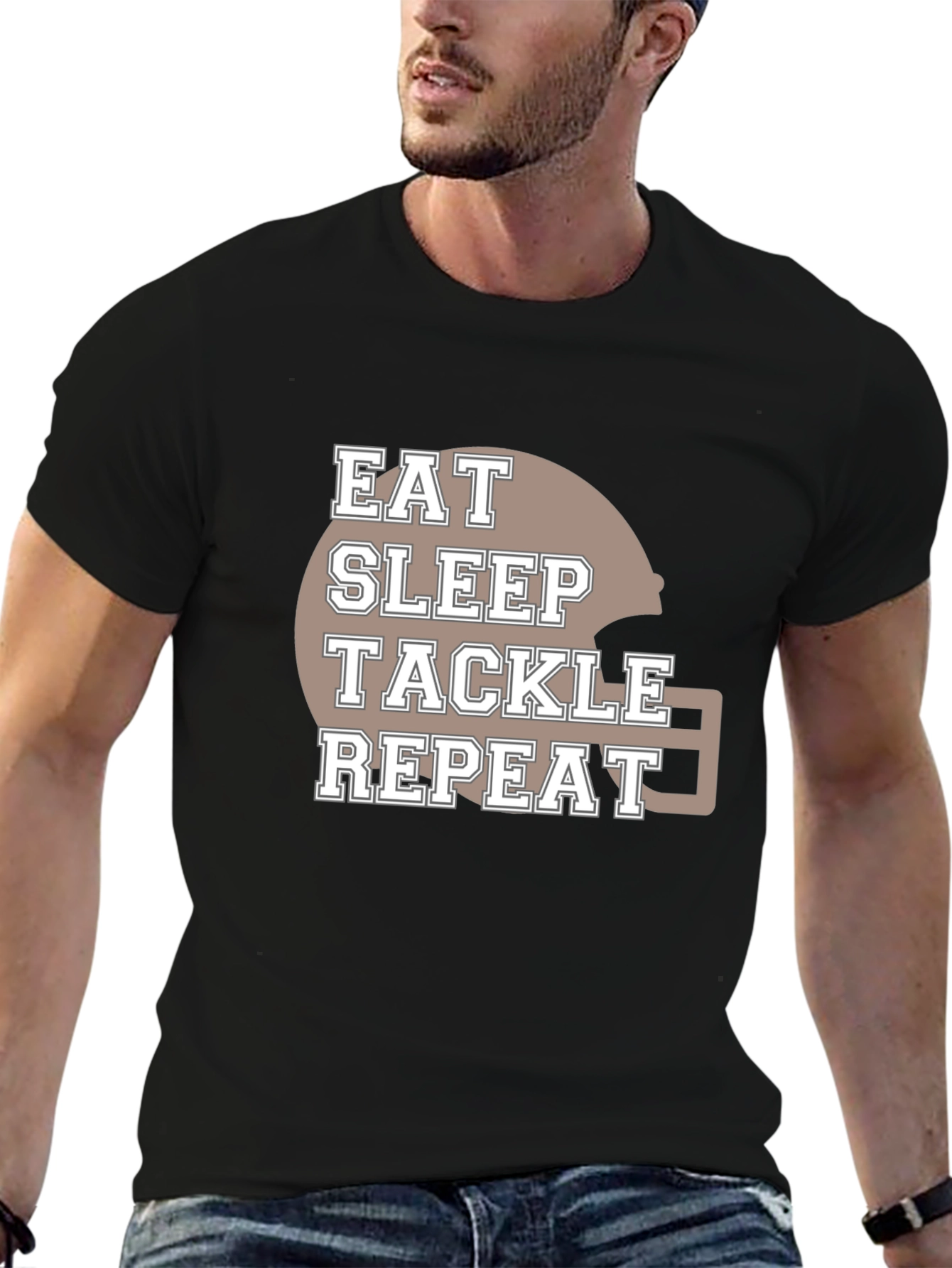 Black Eat Sleep Tackle Repeat Football T-Shirt view 6