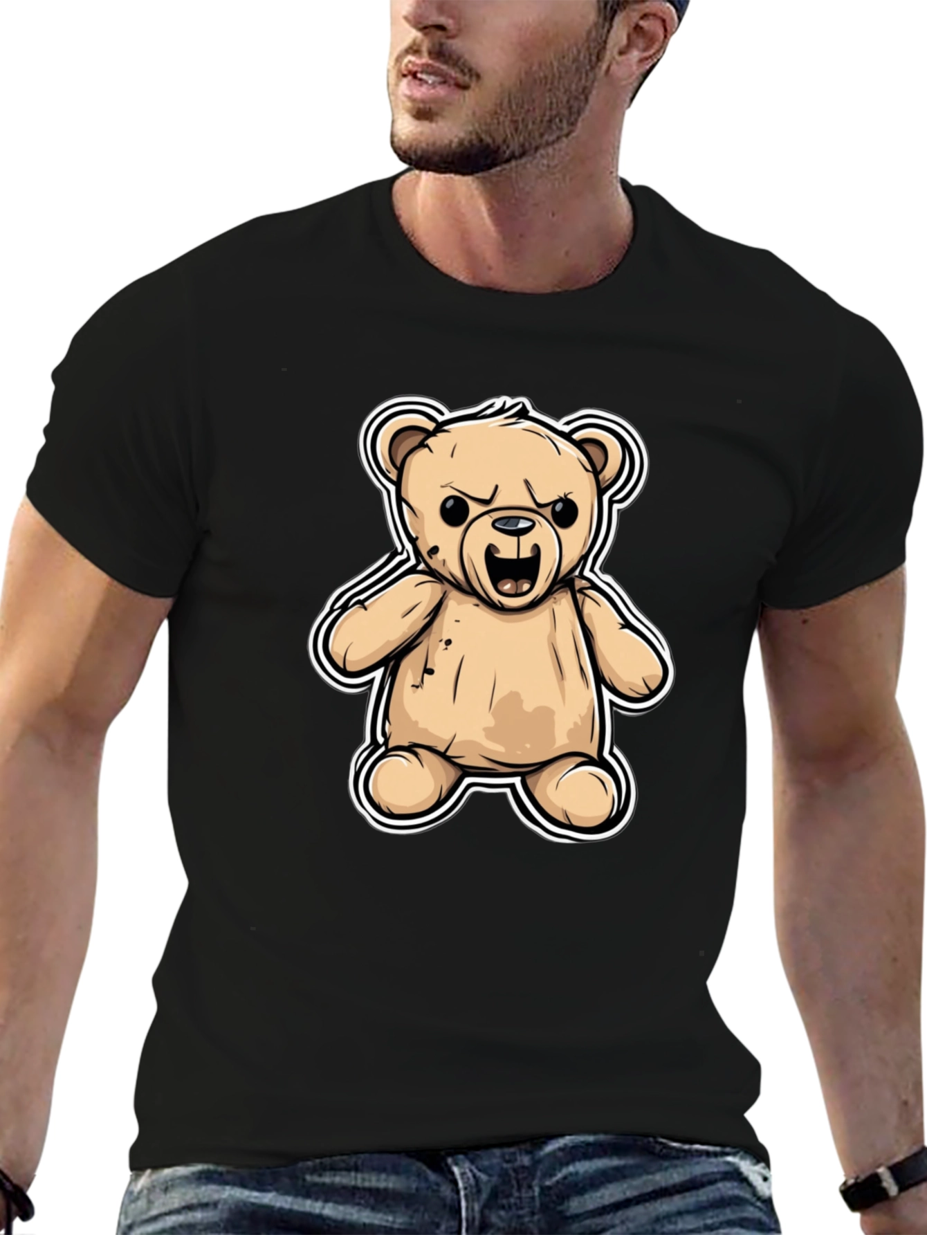 Black Men's Black T-Shirt with Cartoon Angry Teddy Bear Design view 6