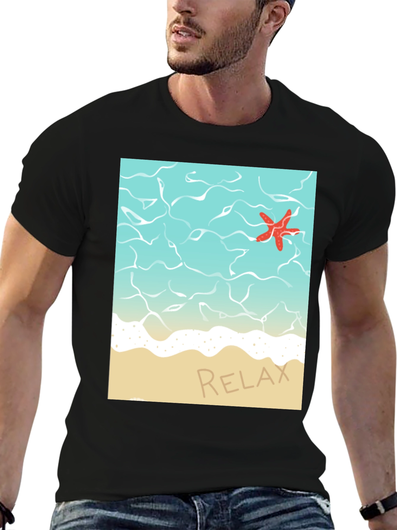 Black Relaxing Beach T-Shirt - Starfish Ocean Design view 6
