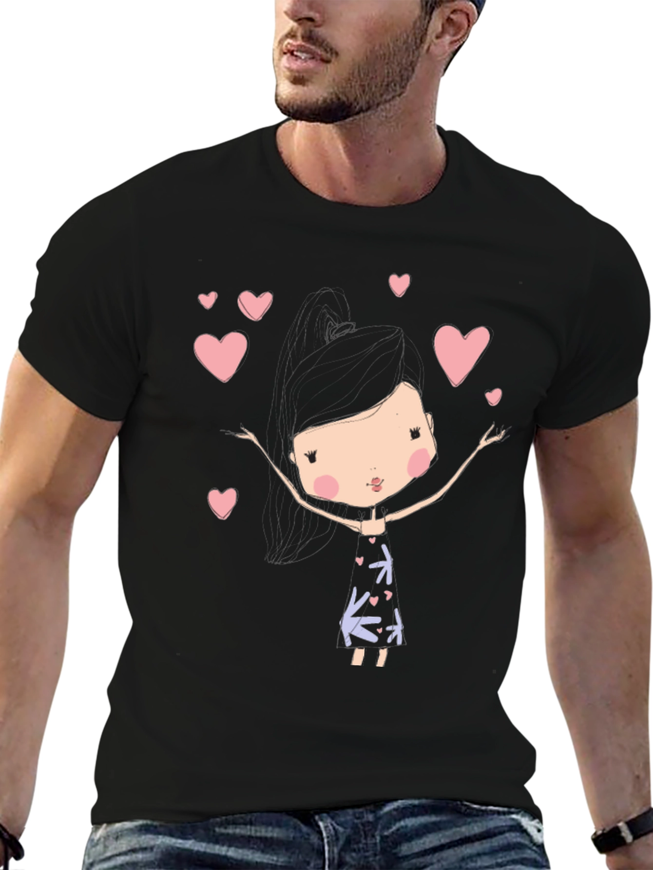 Black Cute Girl Heart T-Shirt view 6