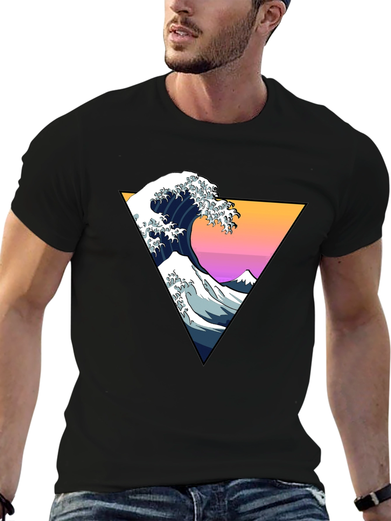 Black Great Wave Geometric Triangle T-Shirt view 6