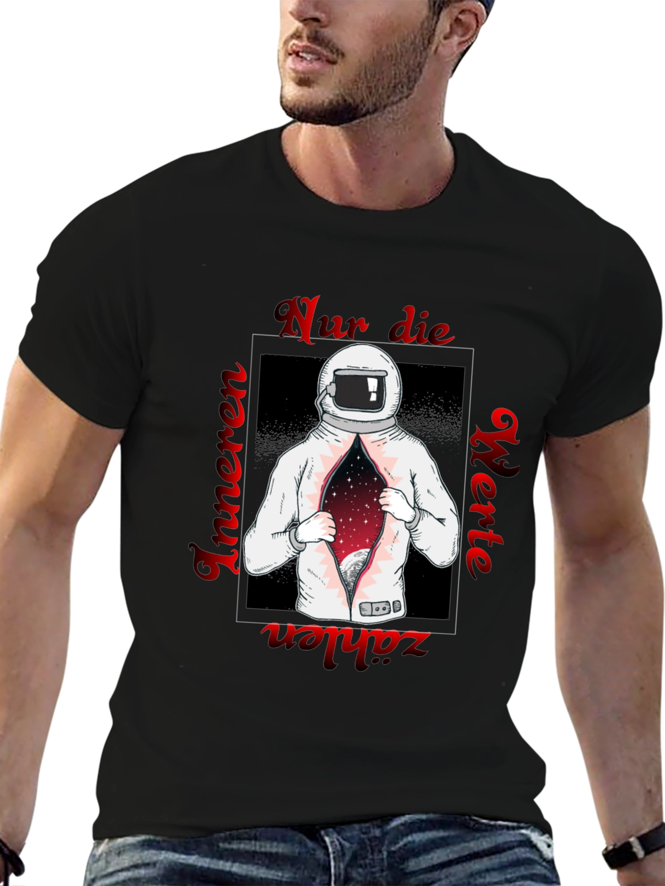 Black Astronaut Space T-Shirt - German Text Print view 6