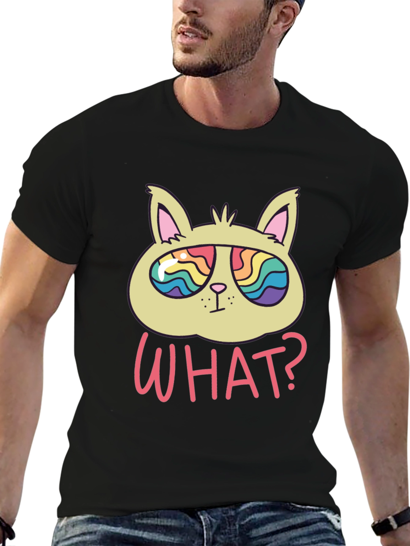 Black Funny Cat T-Shirt - What? Rainbow Sunglasses view 6