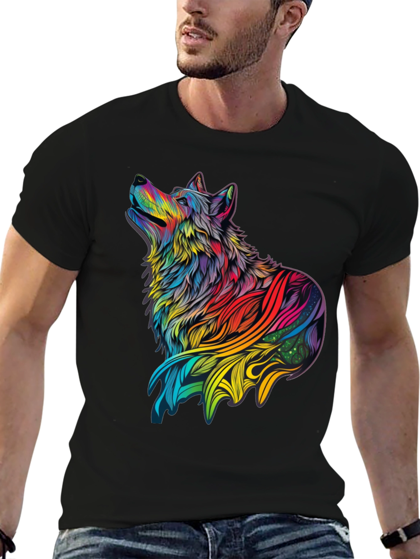 Black Rainbow Wolf Graphic Black T-Shirt view 6