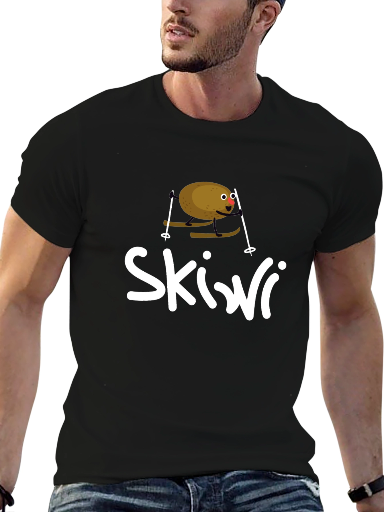 Black Skiwi Funny Kiwi Skiing T-Shirt view 6