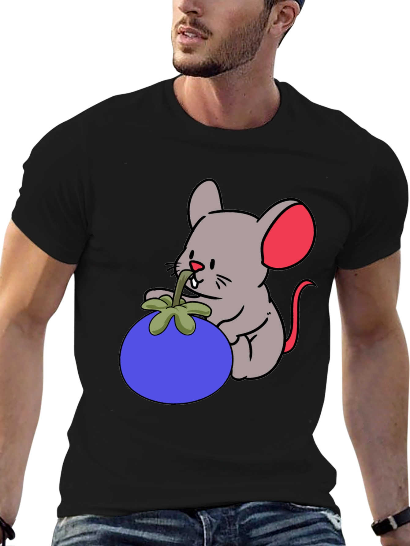 Black Cartoon Mouse & Berry Graphic Black T-Shirt view 6