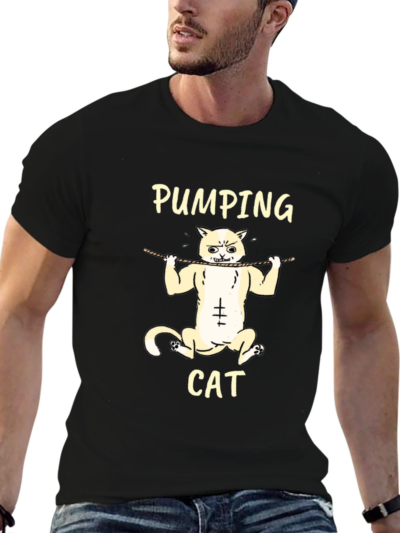 Black Pumping Cat Graphic T-Shirt - Gym Humor Tee view 6