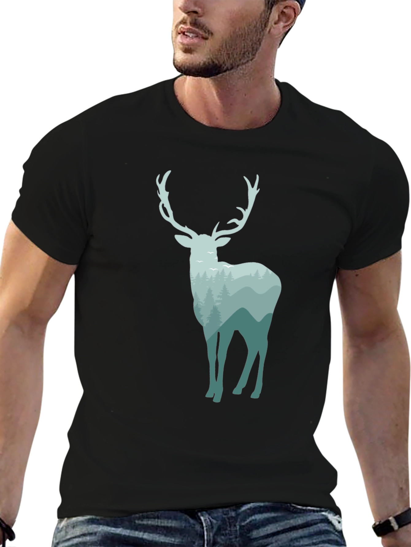 Black Nature Deer Graphic Tee - Black Cotton Blend view 6