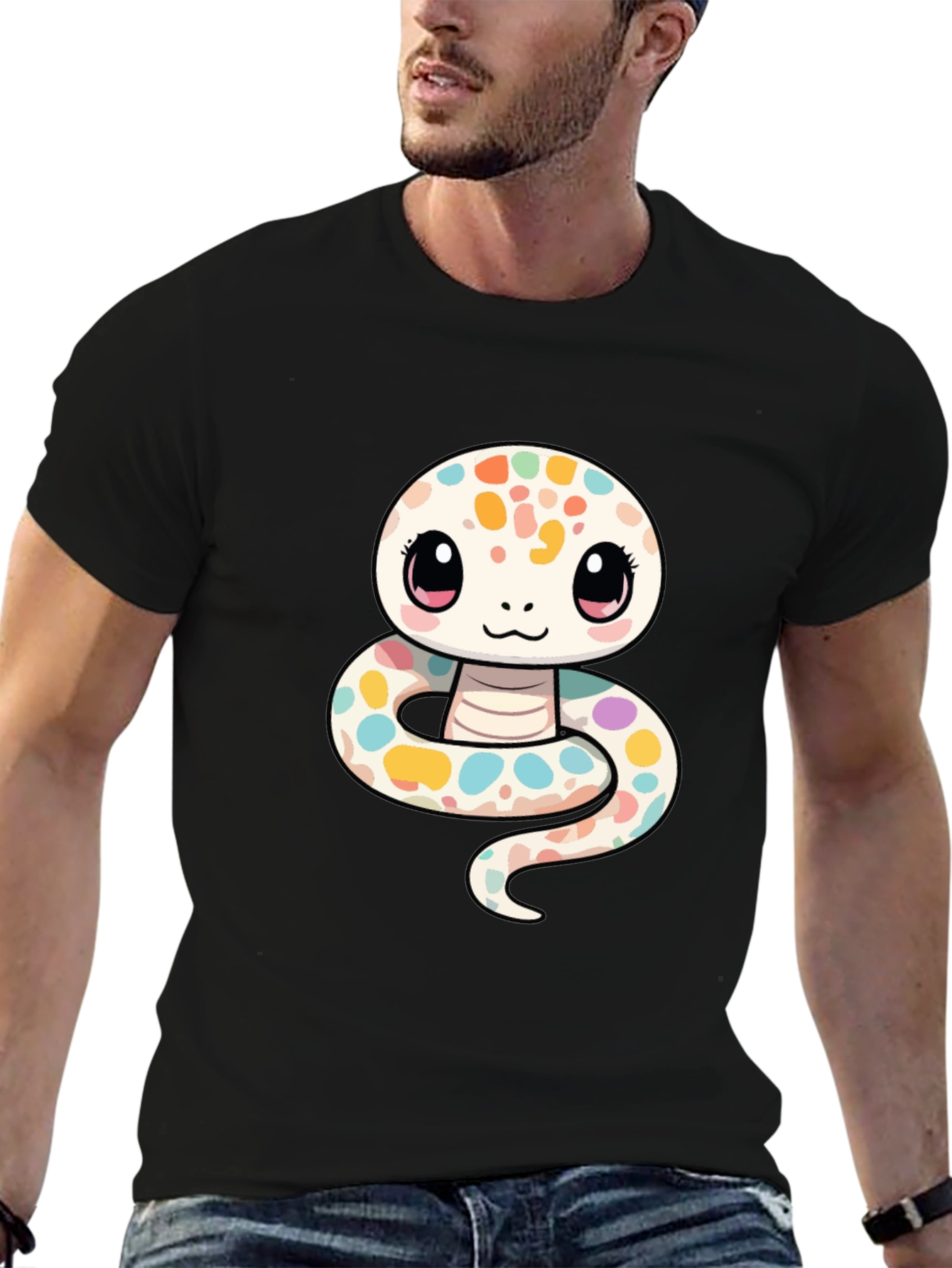 Black Cute Cartoon Snake Graphic T-Shirt view 6